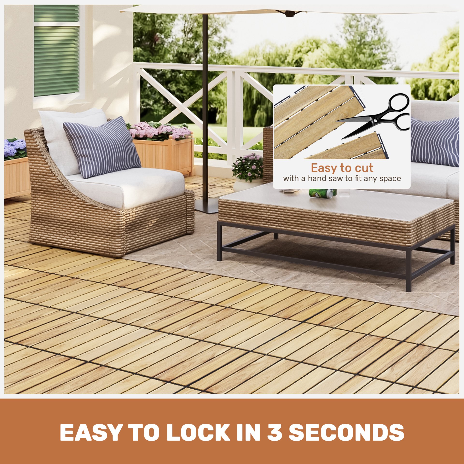 10 Piece Interlocking Deck Tiles Striped Pattern, Square Acacia Hardwood Outdoor Flooring For Patio, Bancony, Pool Side - Yellow - Image 27