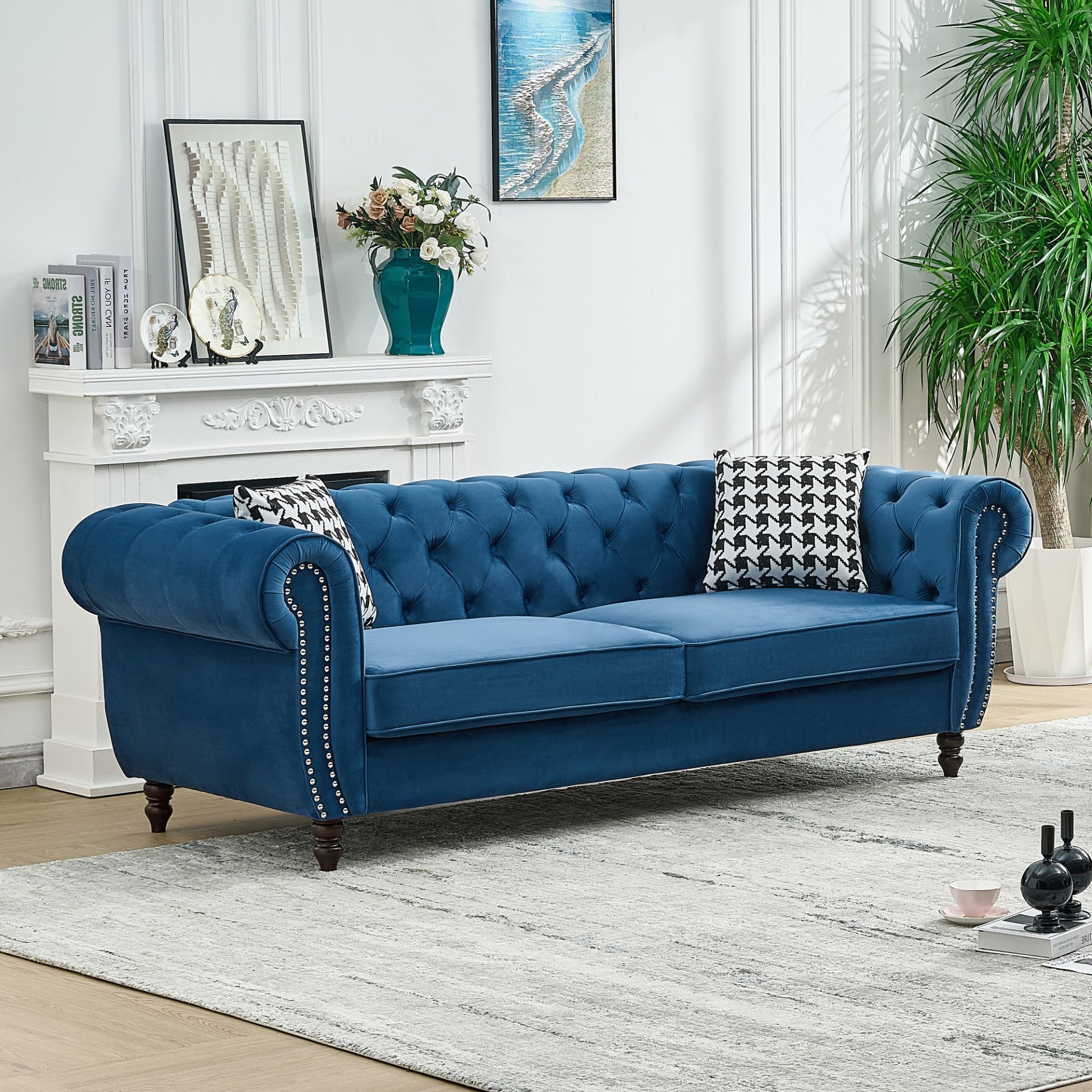 Chesterfield Sofa With Roll Armrest & Nailhead - Blue - Image 4