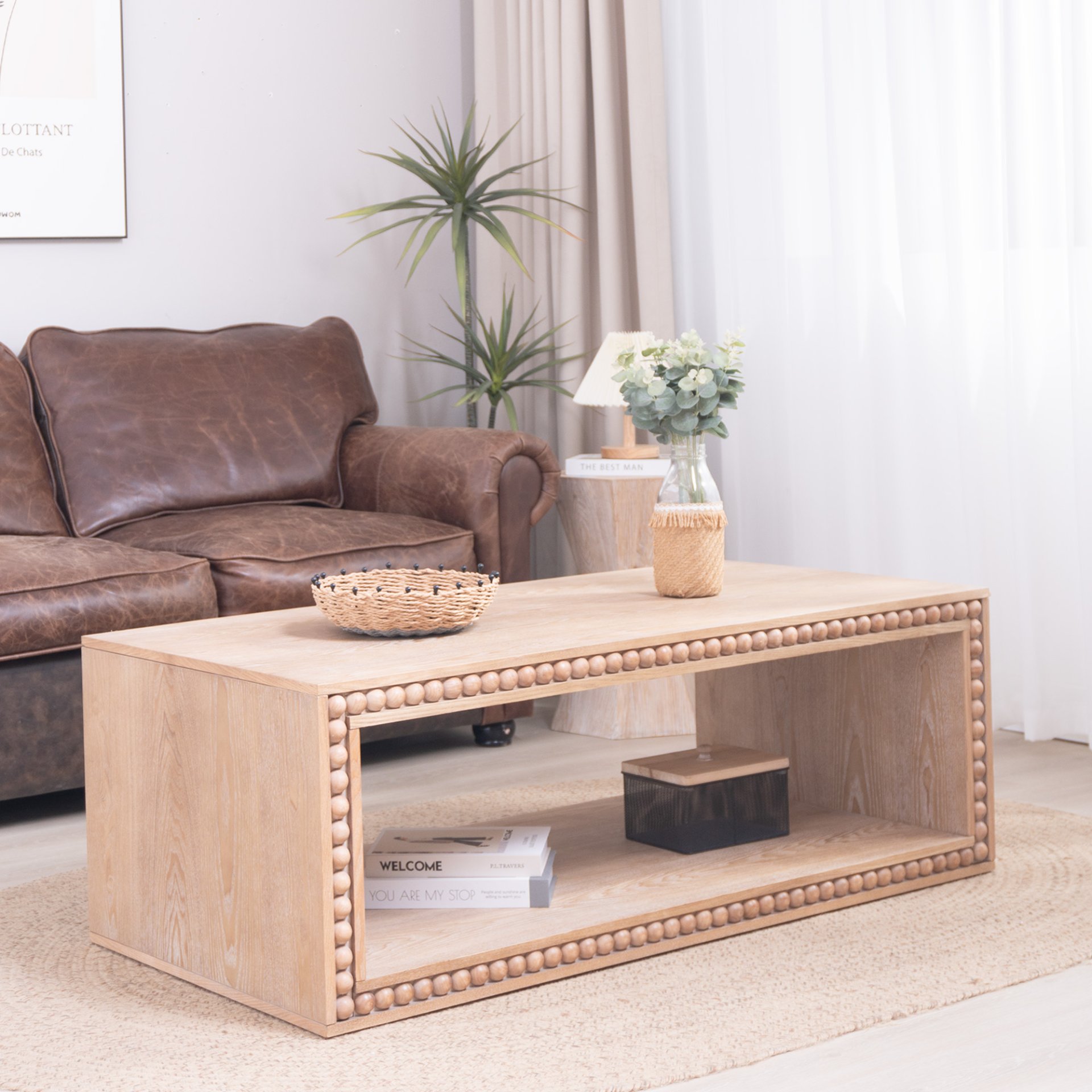Beaded Edge Coffee Table, Rectangular Center Table With Open Storage Shelf - Antique Natural / Light Natural / Natural - Image 2