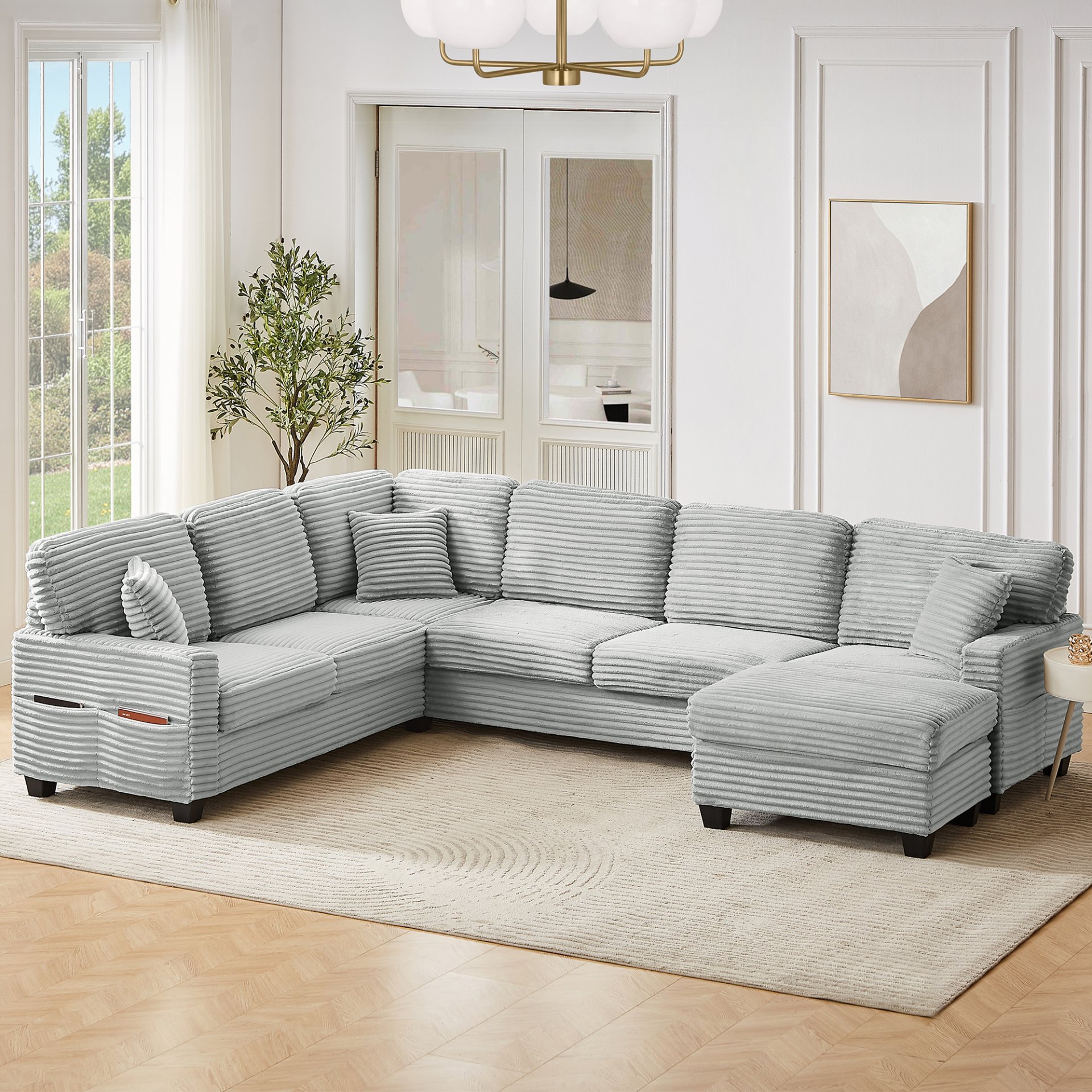 Modern U Shaped Sectional Sofa With Movable Ottoman And Side Storage Pockets Corduroy - Gray - Image 3