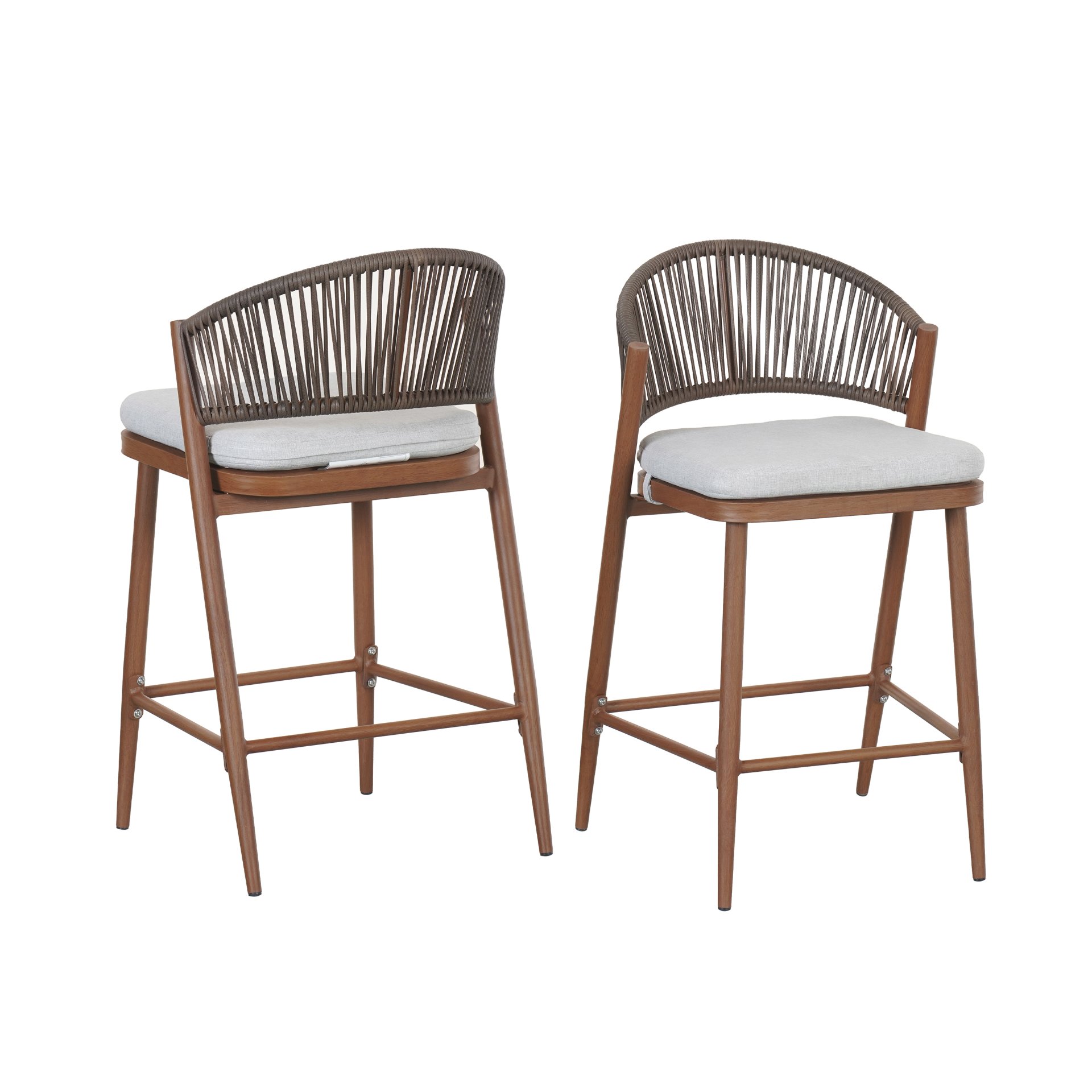Outdoor Counter Height Aluminum Frame Counter Stools With Scallop Shaped Backrest & Water Resistant Cushions (Set of 2) - Teak - Image 5