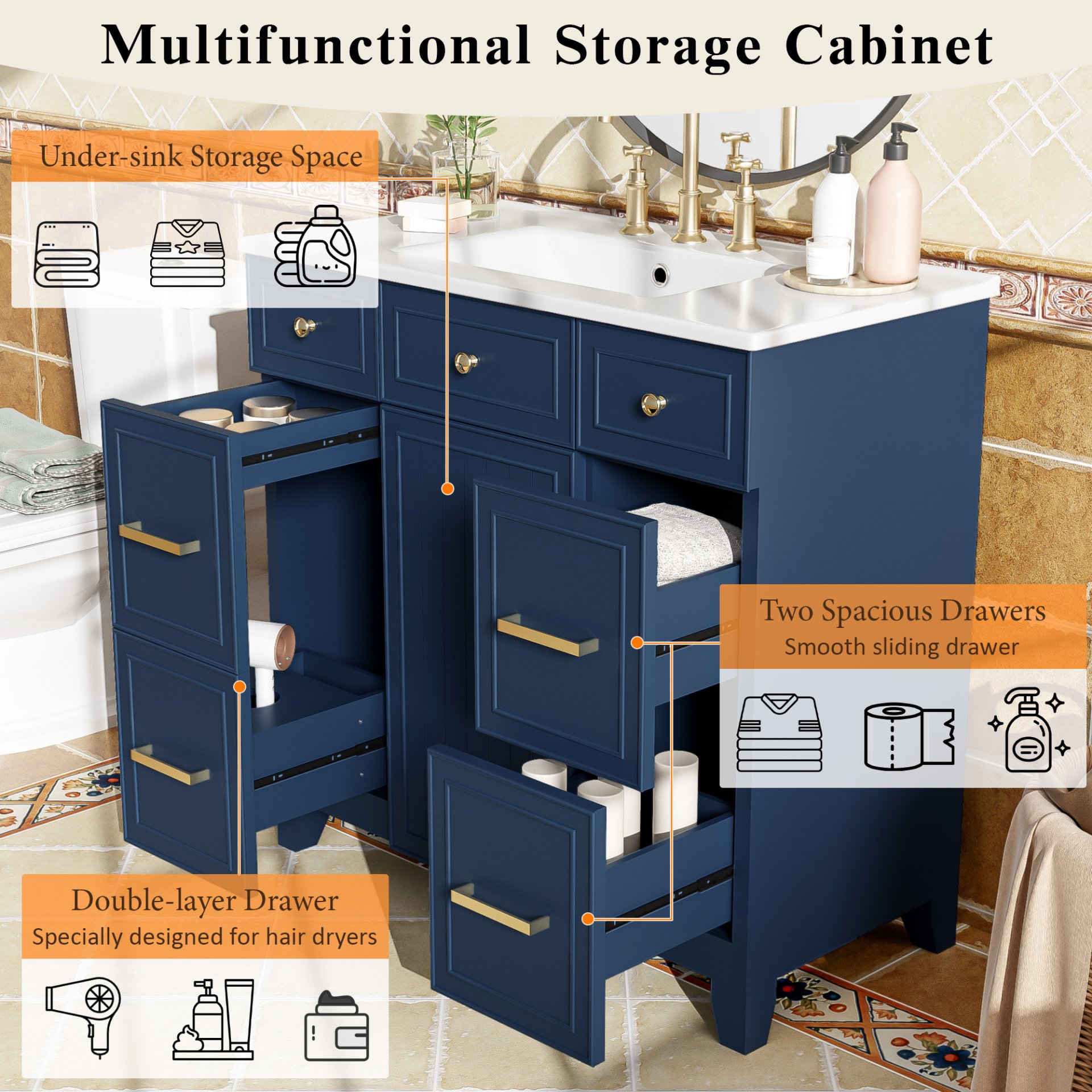 Bathroom Vanity With Sink, Soft Close Doors, Adjustable Shelves - Blue - Image 8