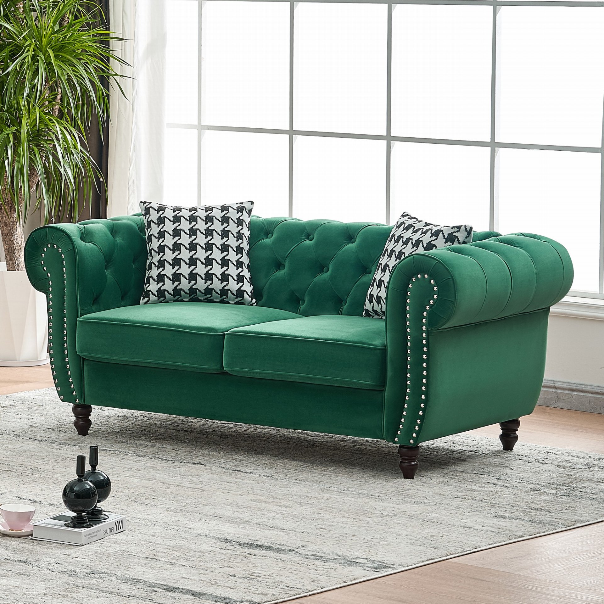 Chesterfield Sofa With Roll Armrest And Nailhead, 2 Seater Couch - Green - Image 4