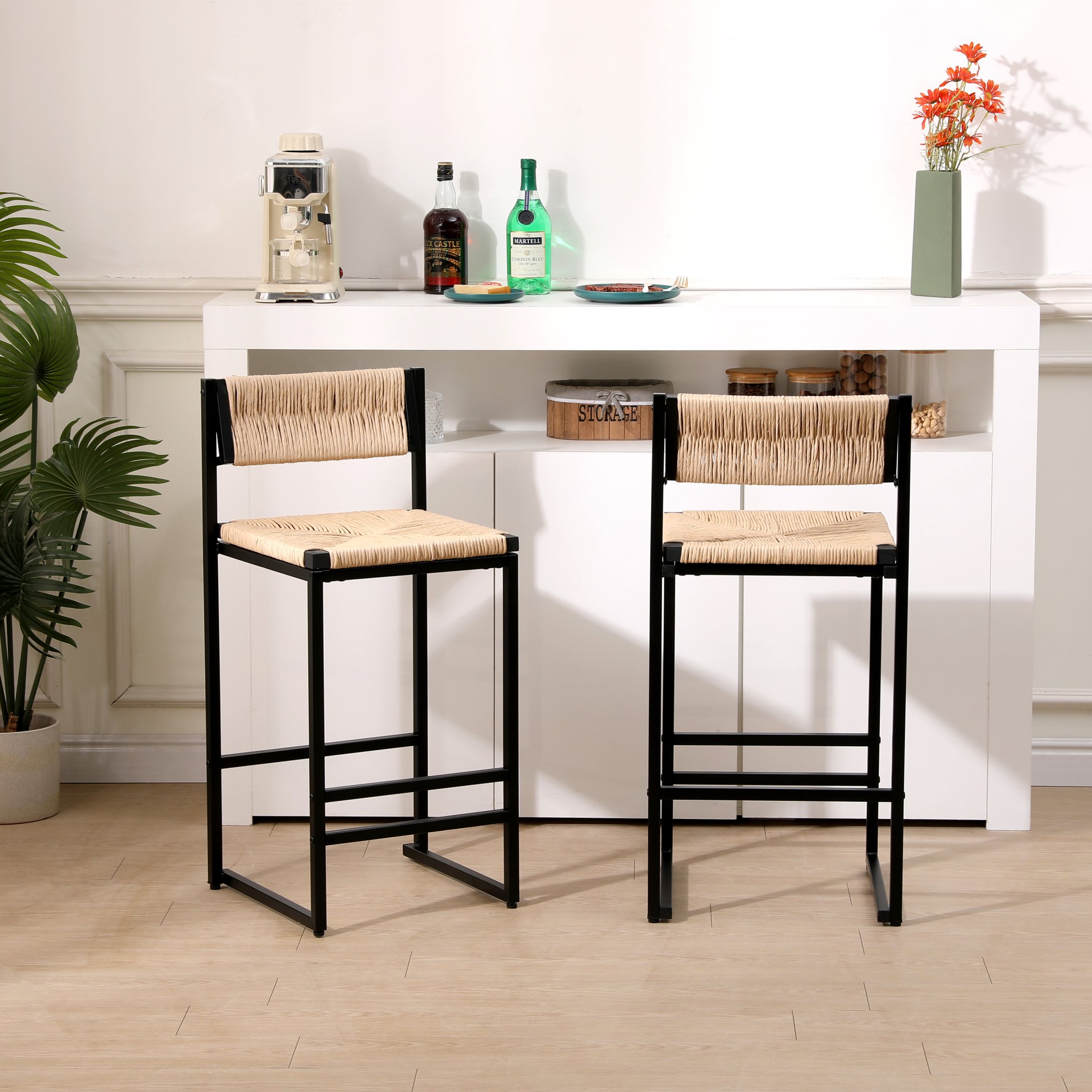 Bar Stools (Set of 2) Paper Rope Weave Dining Chairs With Back Hand Weave Stools For Kichen Island, Bar & Counter - Honey - Image 3