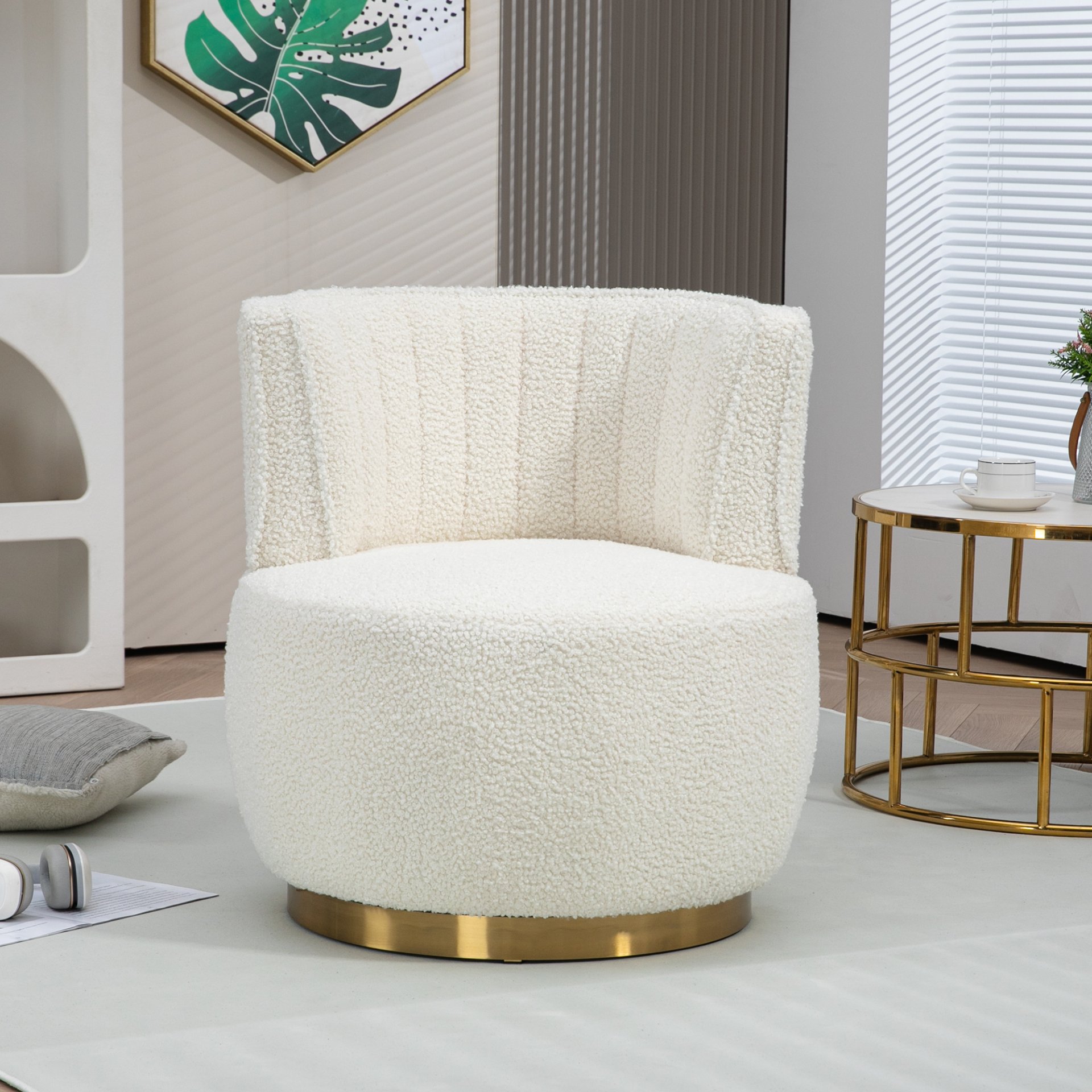 Coolmore - 360 Degree Swivel Cuddle Barrel Accent Sofa Chair, Round Armchair With Wide Upholstered Teddy Fabric - Cream - Image 4