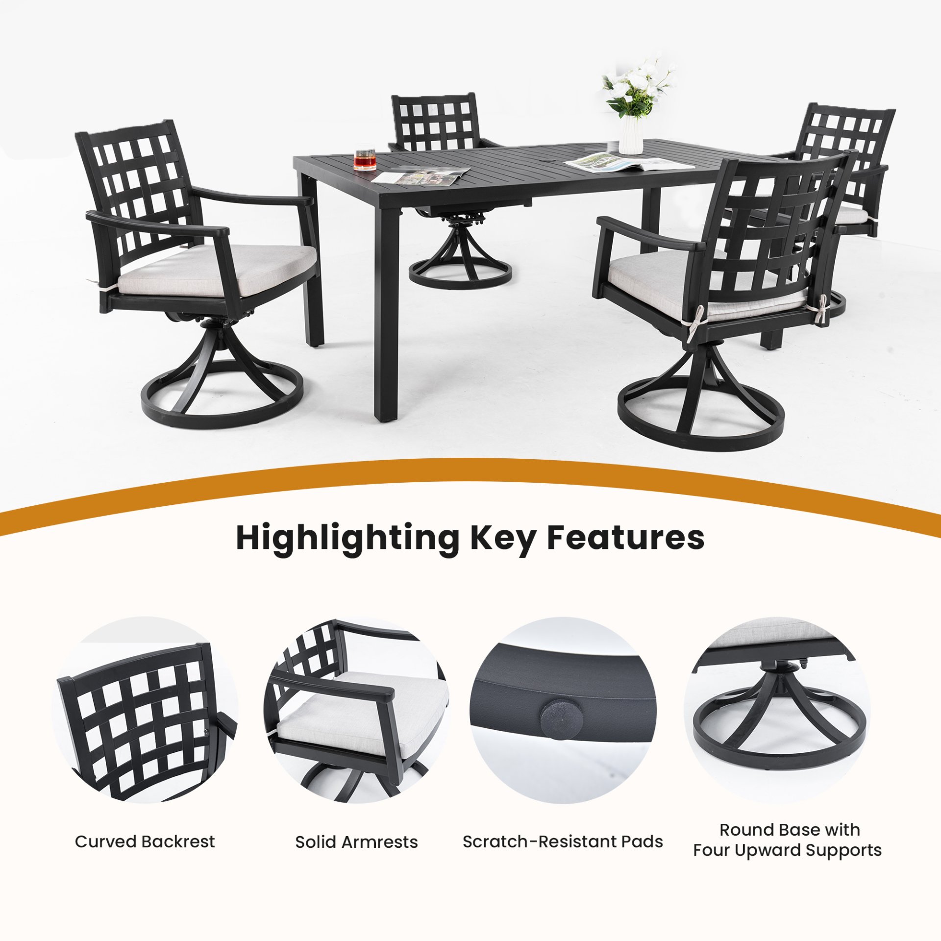 5 Pieces Outdoor Patio Dining Set, Rectangular Table & 4 Swivel Rock Dining Chairs With Sunbrella Cushion - Ember Black - Image 6