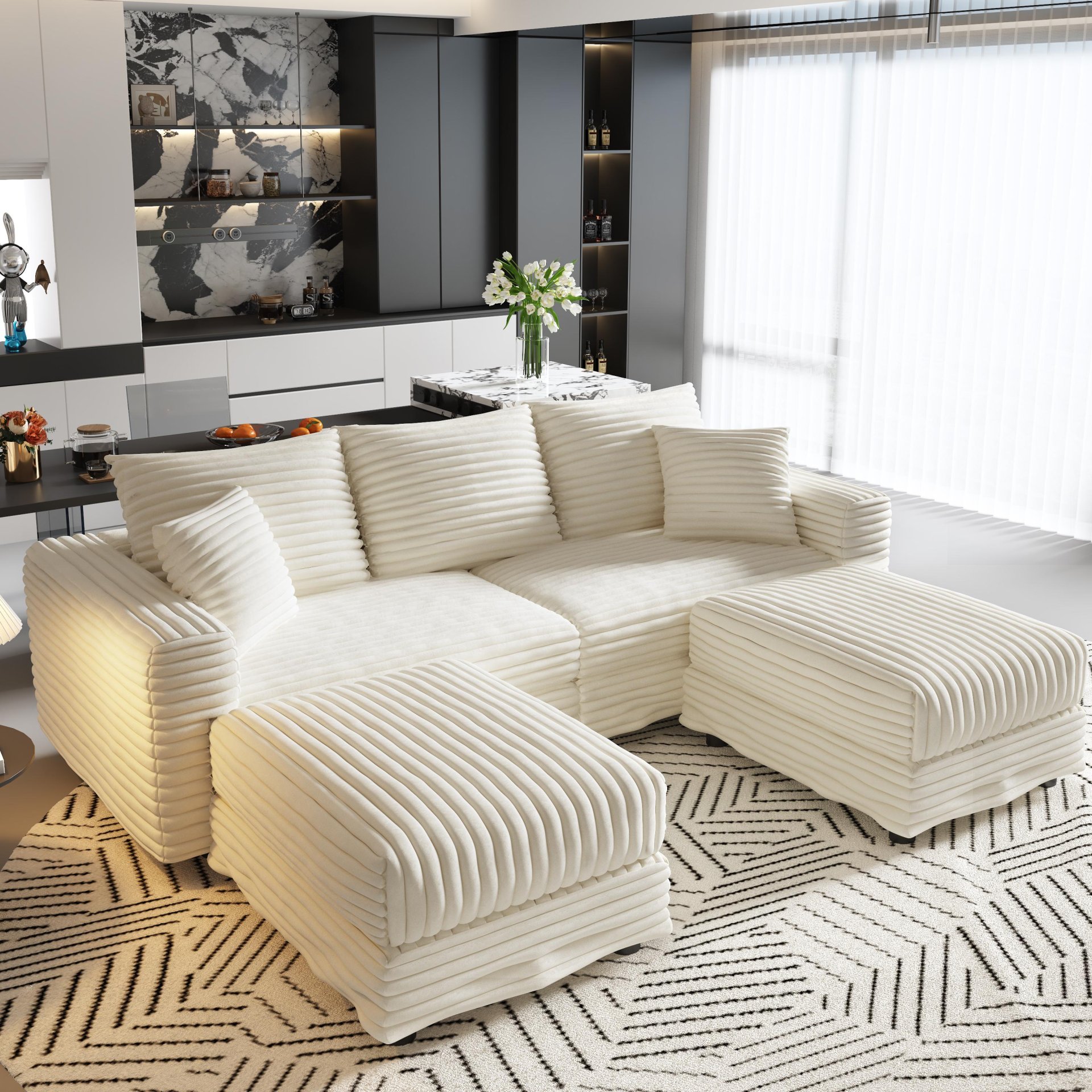 3 Seat Sofa, Deep Seat Couches With Soft Pillows And 2 Ottomans, Convertible Sofa Lounge Chair, For Living Room - Beige - Image 20
