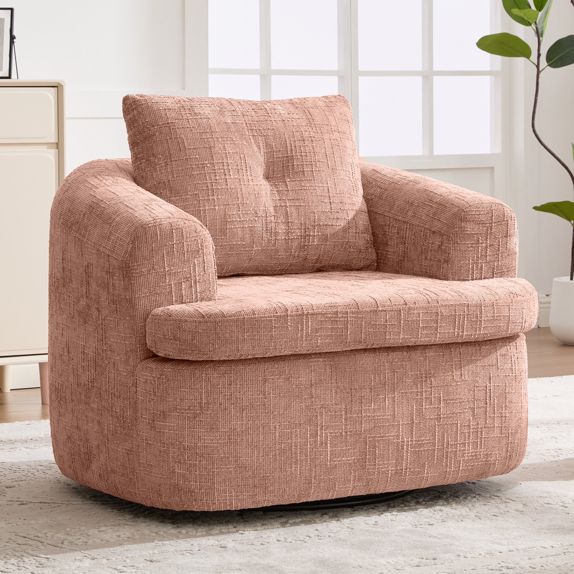 360° Swivel Accent Barrel Chair With Dual Layer Cushion, Round Seating For Living Room - Pink - Image 7