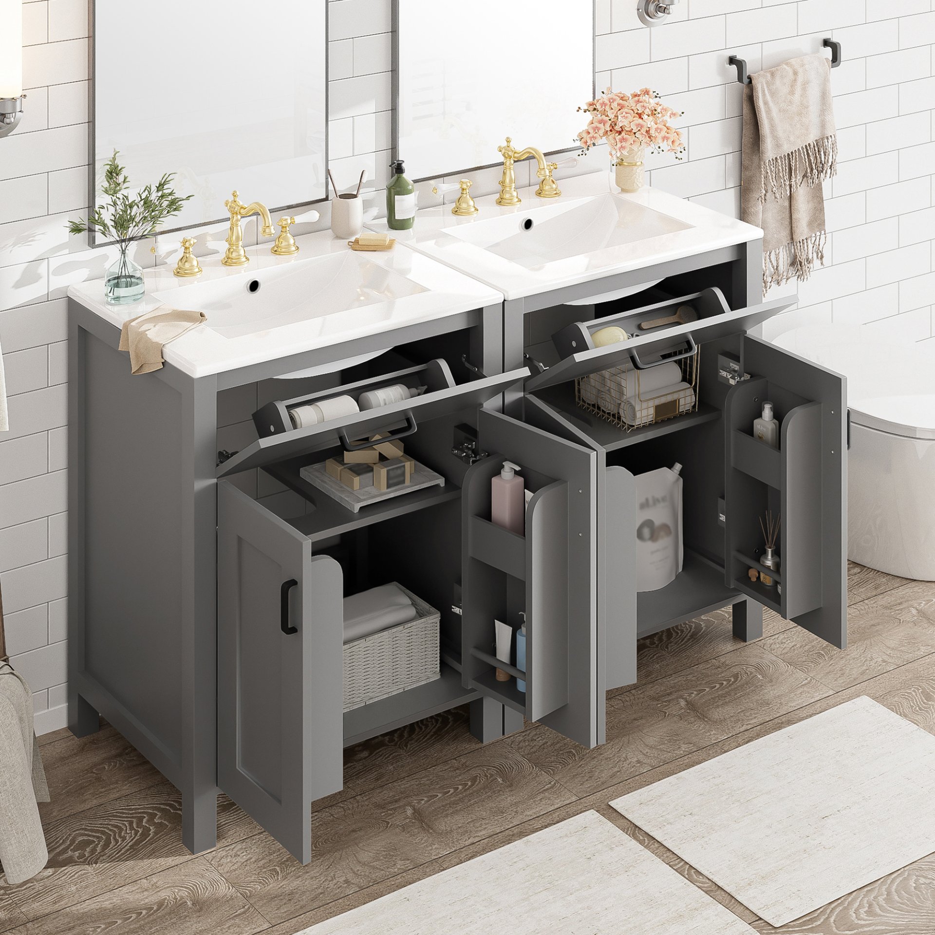 Bathroom Vanity With Sink, Soft Close Doors, Flip Drawer, Double Layer Door Shelves - Grey - Image 4