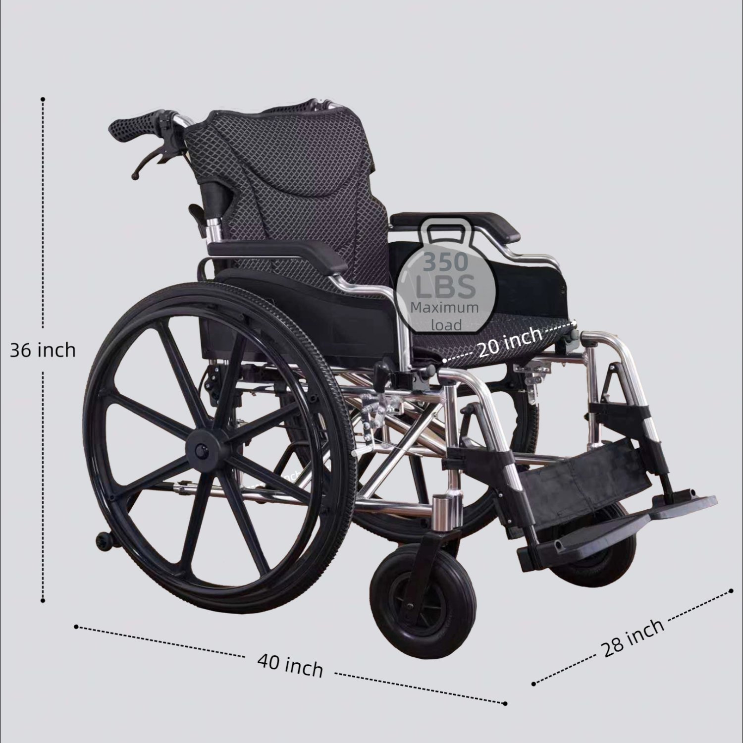 Heavy Duty Foldable Manual Wheelchair Double X Force Support With Adjustable Seat Belt Breathable Cushion & Anti Backflip Design 24" Tires For All Terrains 350 Lbs Capacity - Black / Silver - Image 3
