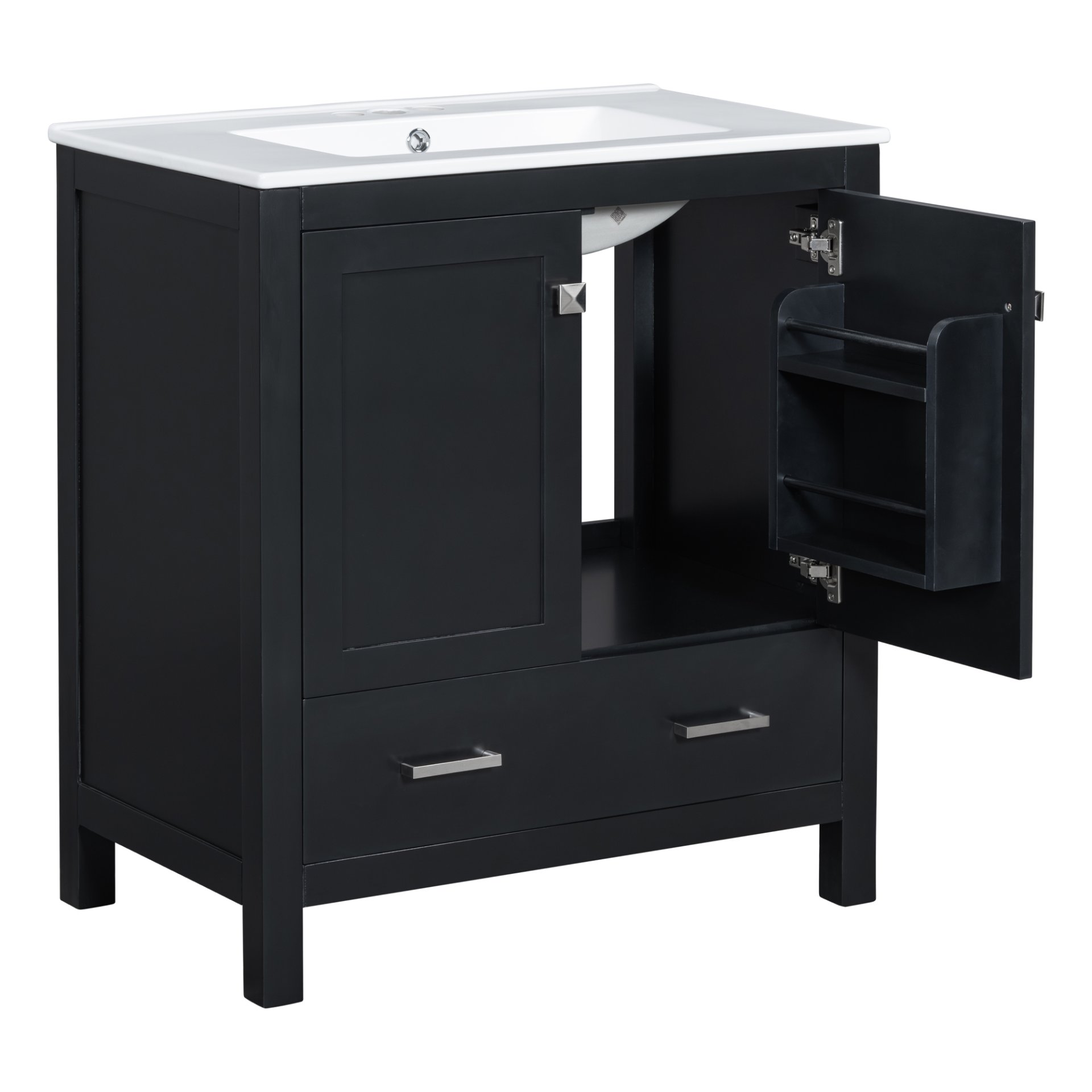 Bathroom Vanity With Single Sink, Combo Cabinet Undermount Sink, Bathroom Storage Cabinet With 2 Doors And A Drawer, Soft Closing, Multifunctional Storage, Solid Wood Frame - Black - Image 14