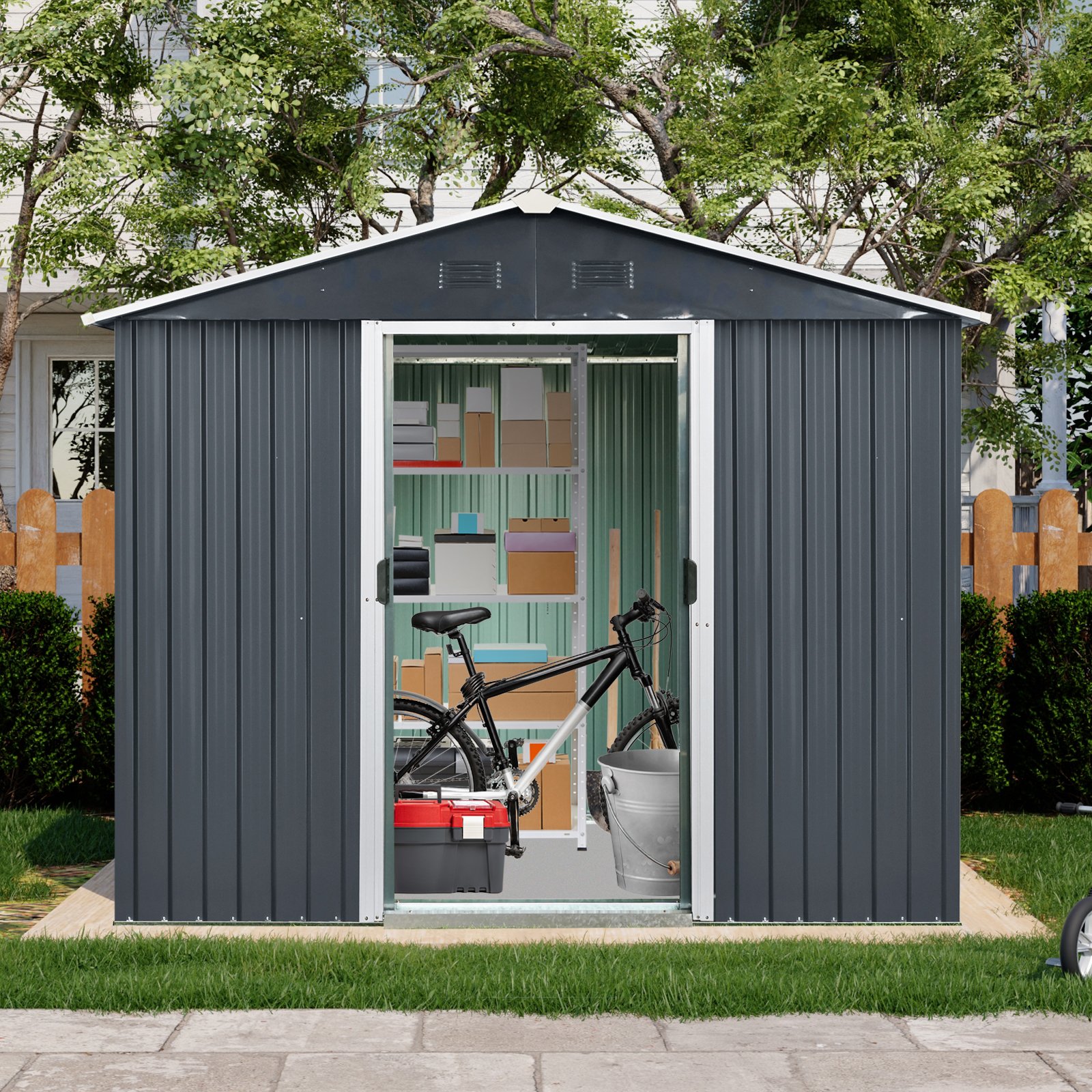 8Ft X 4Ft Outdoor Metal Storage Shed With Sliding Door And Foundation For Backyard, Patio, Lawn - Black / White - Image 4