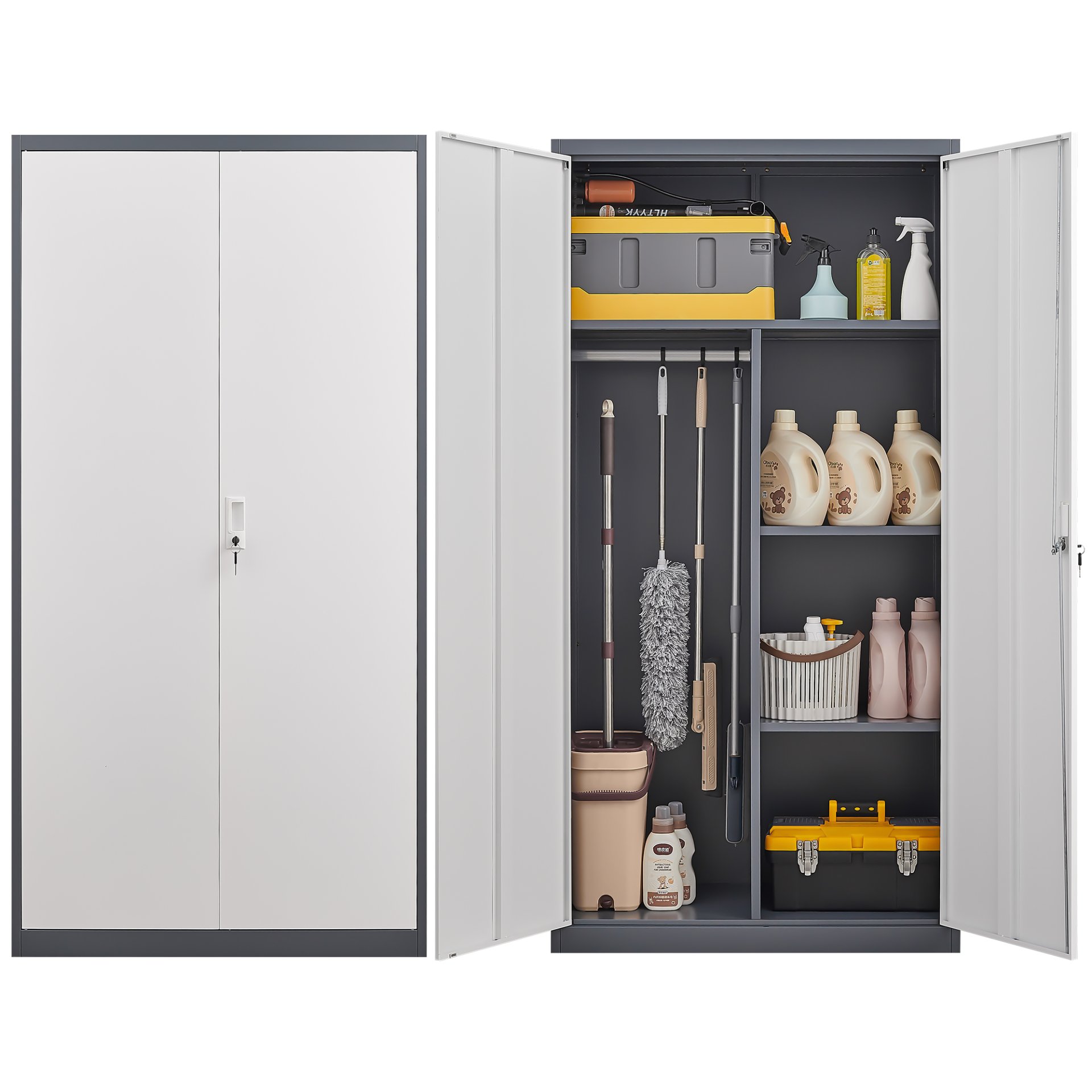 Large Capacity Wardrobe With Hanging Rod And Compartments - Grey - Image 4