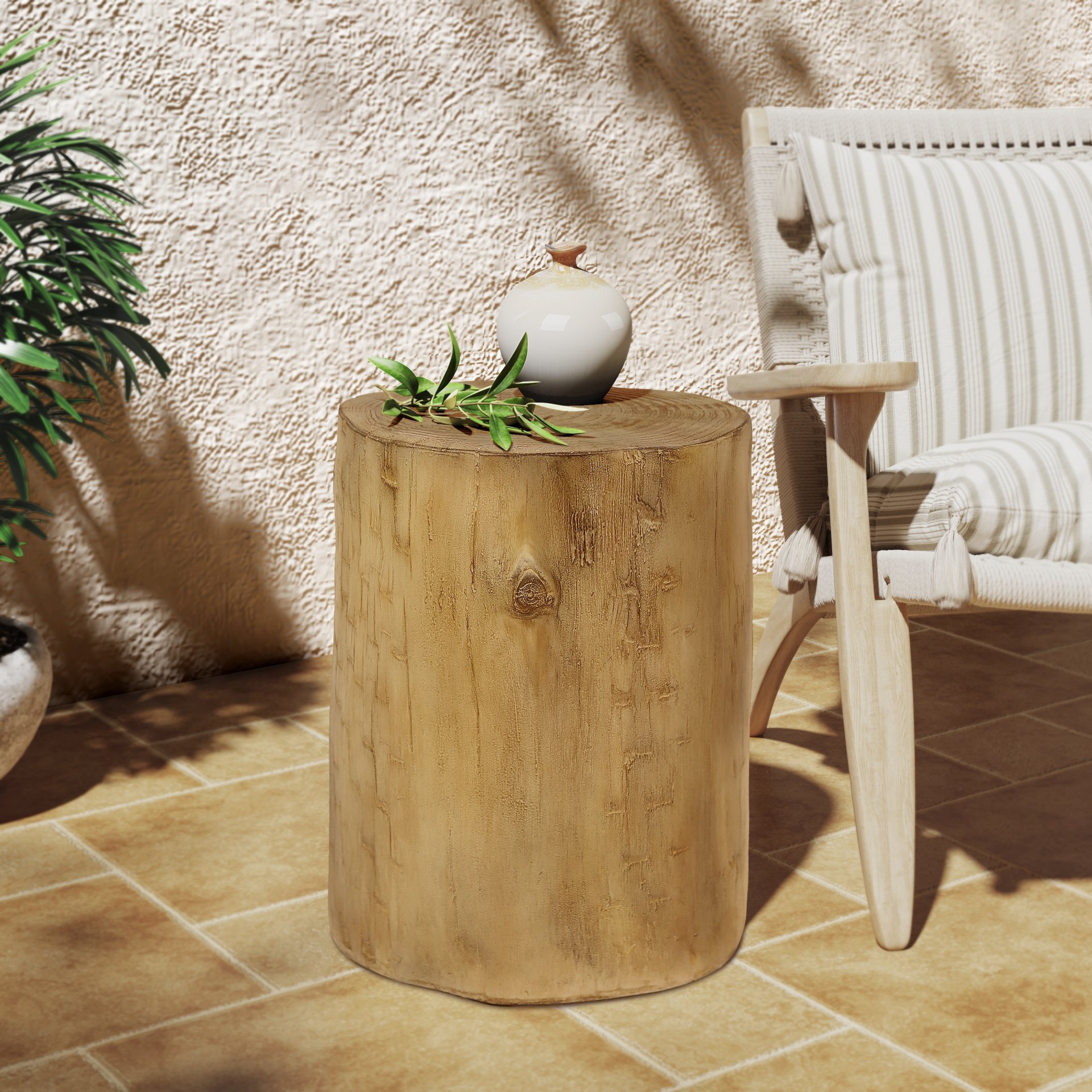 Hand Painted Wood Stump Style Outdoor Side Table - Light Brown - Image 2