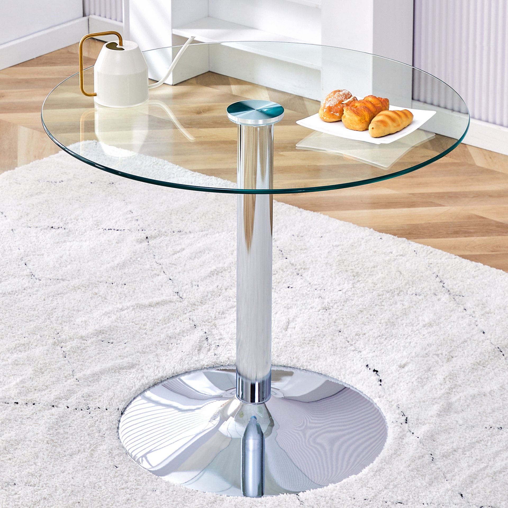 Modern Minimalist Round Dining Table With Glass Top And Metal Legs 35" Diameter - Silver / Transparent - Image 4