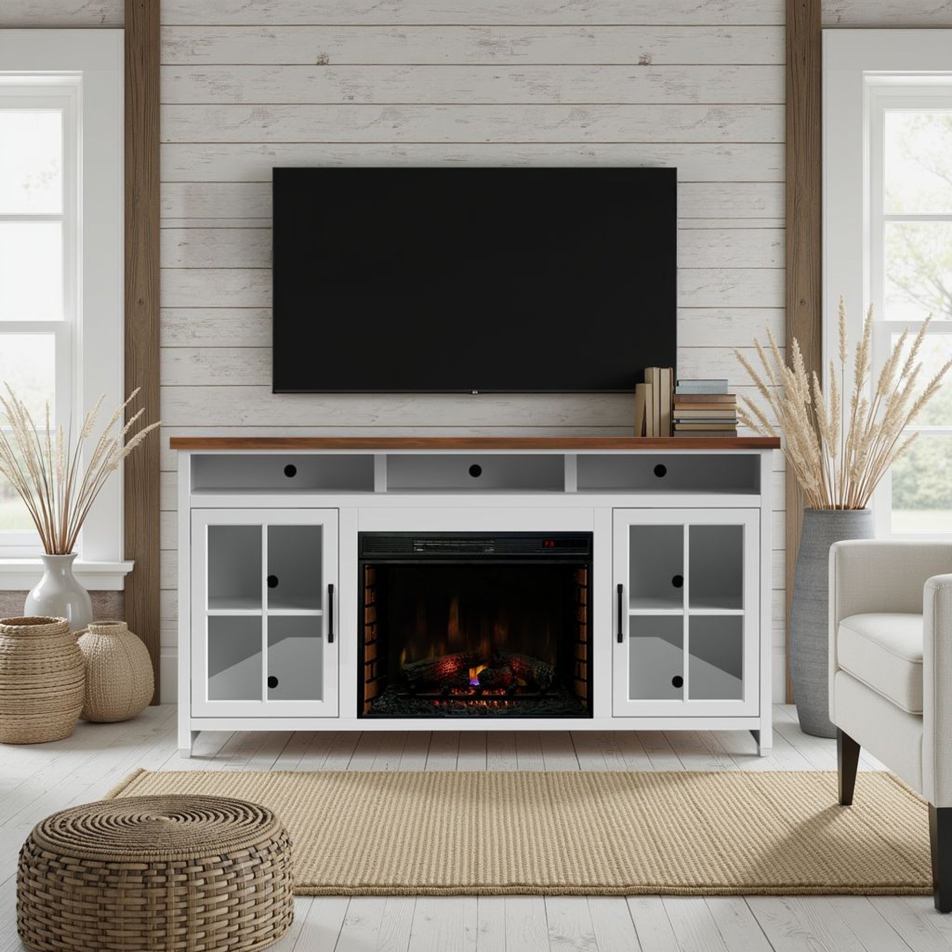 Hampton - Fireplace TV Stand Console For TVs Up To 85" - Jasmine Whitewash / Barnwood - Image 2