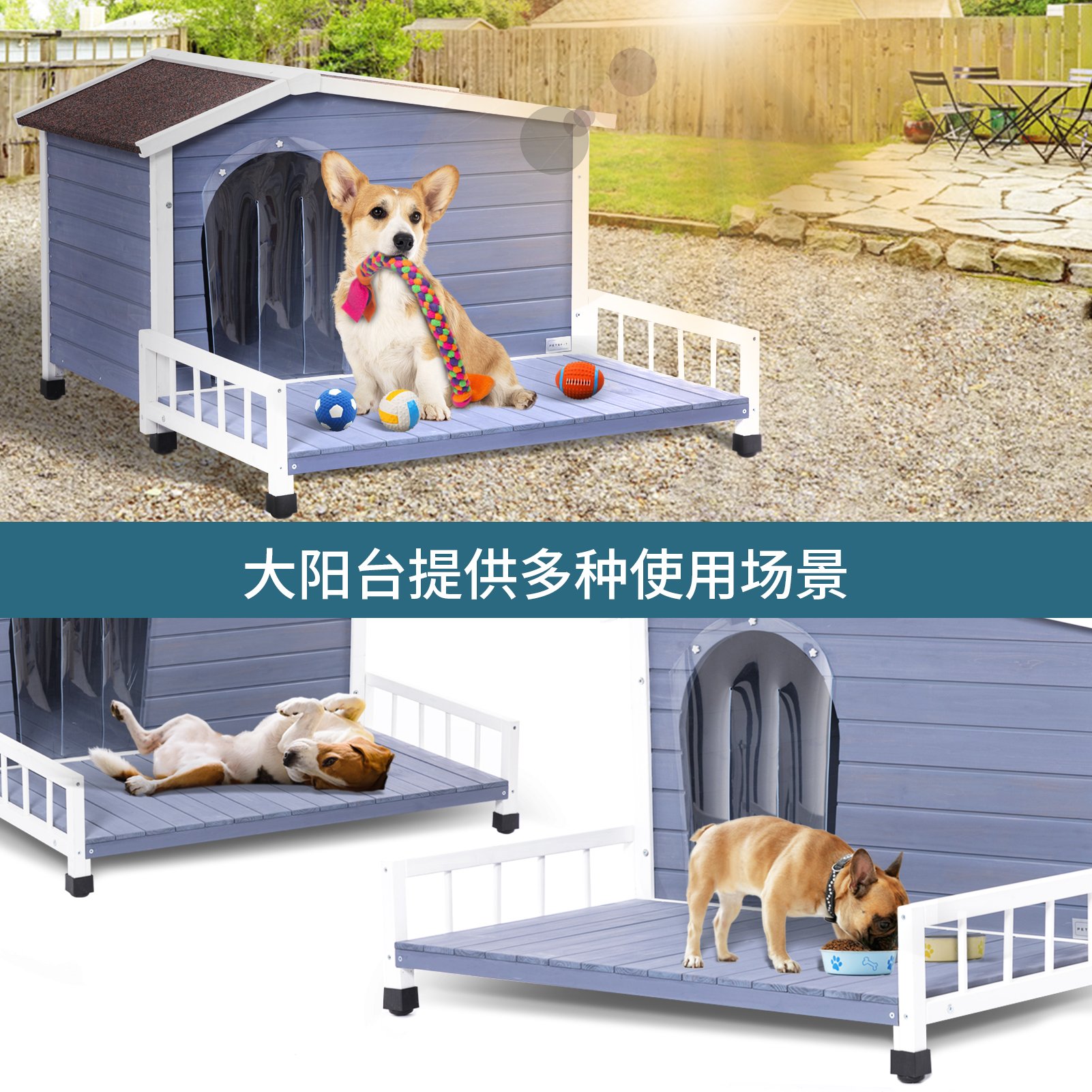 Large Wooden Dog House Indoor Outdoor With Terrace And Open Waterproof Asphalt Roof, Outdoor Dog House With Raised Floor, Windows And Door Curtains, Suitable For Small And Medium Dogs - Gray - Image 4