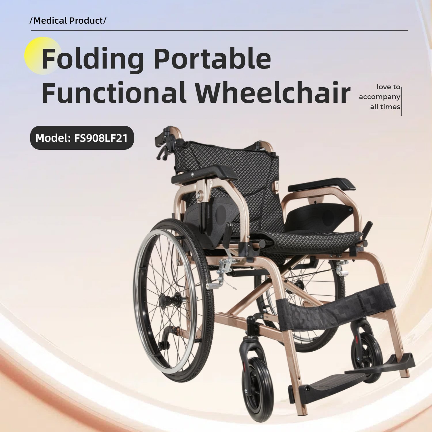 Lightweight Foldable Transport Wheelchair Square Tube Design Double Brakes Adjustable Handrail Breathable Seat Anti Backflip 250Lbs Capacity Easy Storage Color - Gold / Black - Image 4