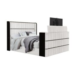 Isaiah - King 5 Piece Bedroom Set With 50" TV Lift LED, Speakers And Fireplace - White / Black
