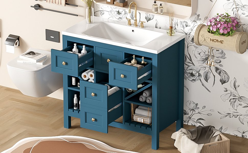 Bathroom Vanity With Resin Sink Combo, Frame Bathroom Storage Cabinet, Freestanding Vanity Set, 5 Drawers & Soft Closing Doors - Blue - Image 21