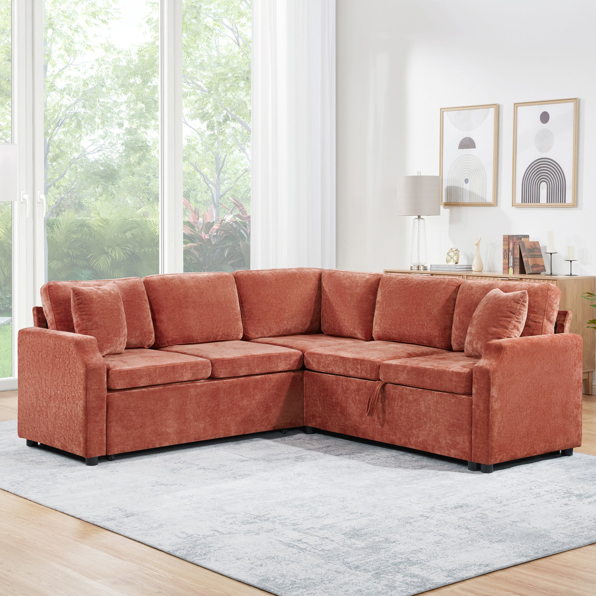Upholstered L Shaped Sectional Sofa Bed With Sleeper And Hidden Storage - Orange - Image 5