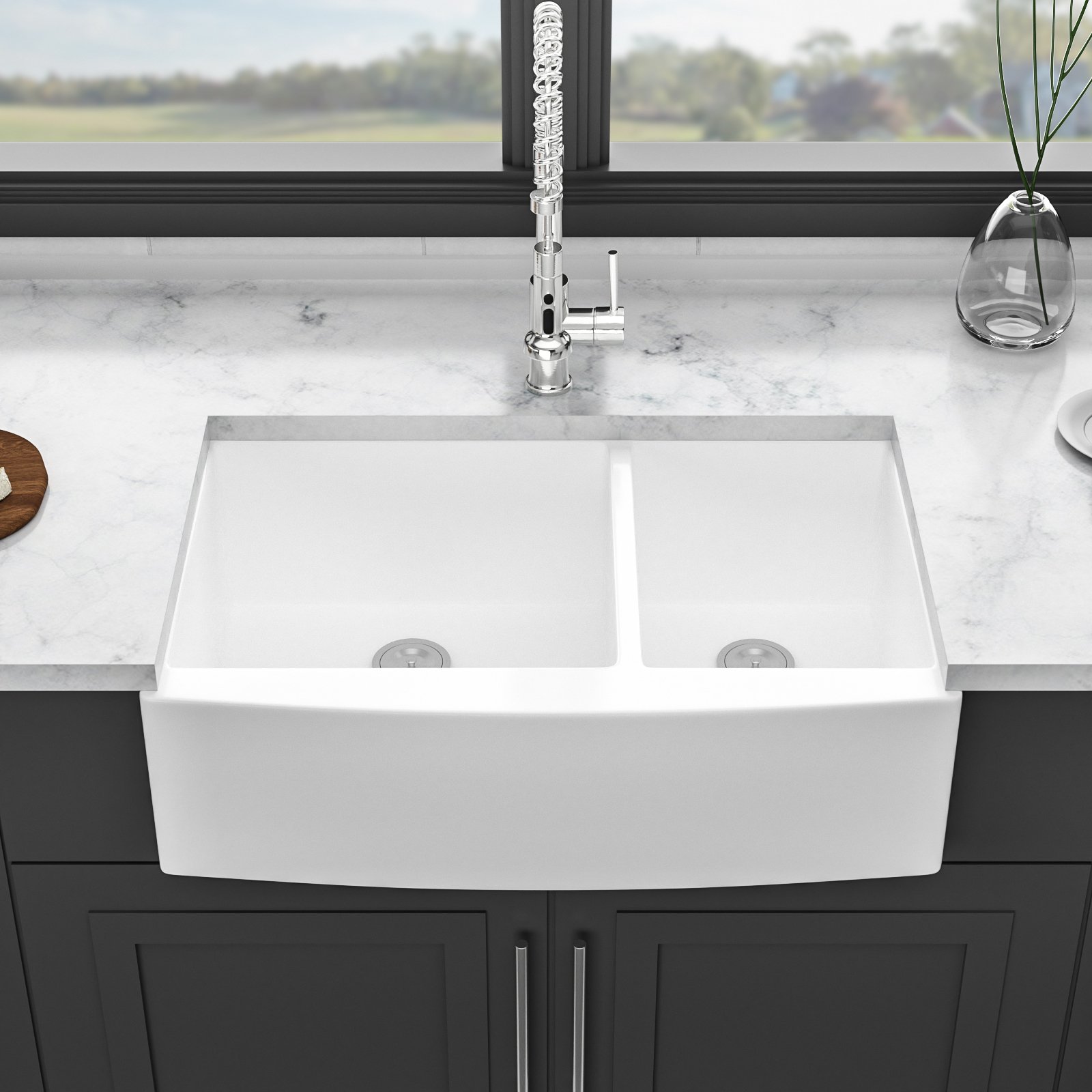 Sink 33" Double Bowl 60 / 40 Kitchen Sink With Deep Basin And Grids - White - Image 4