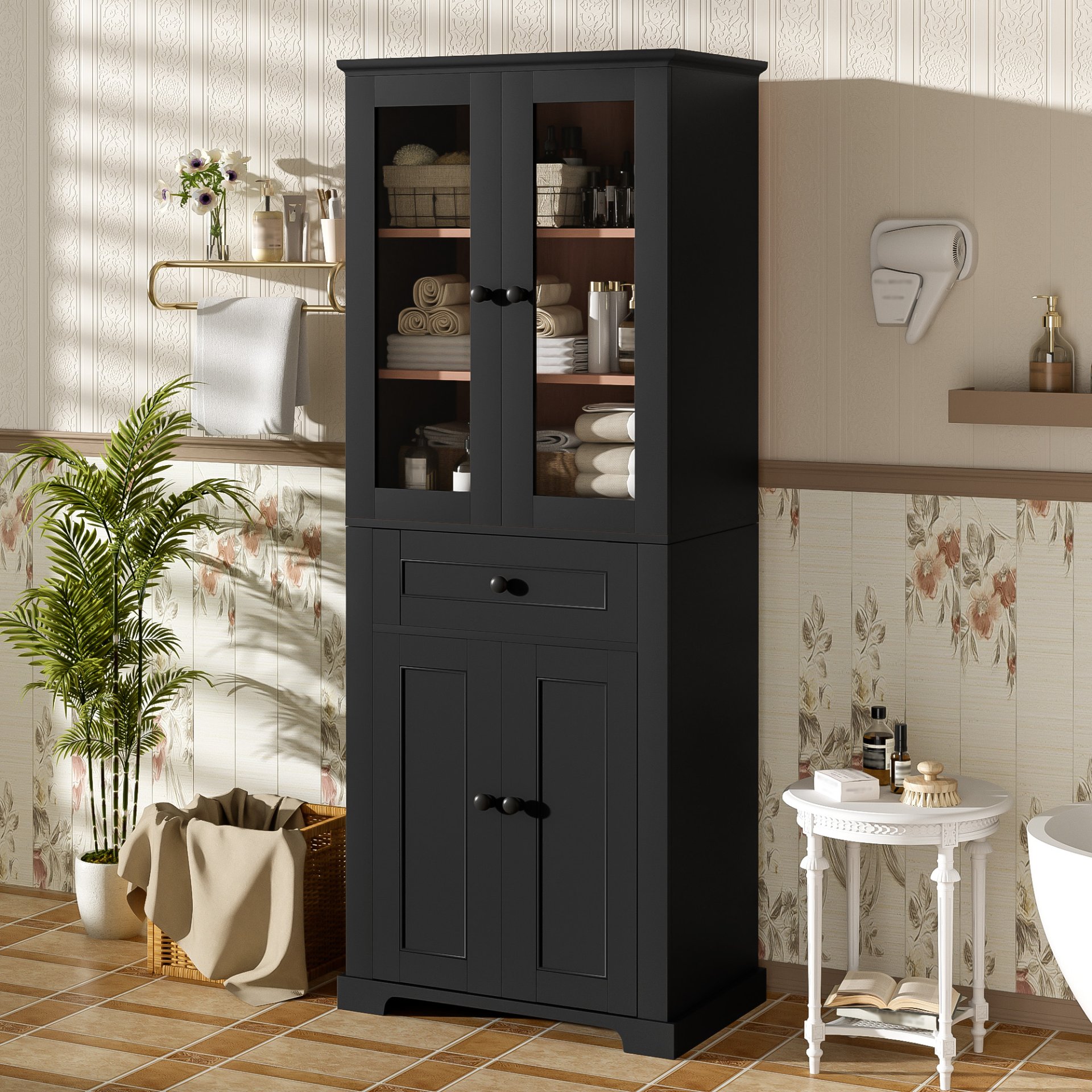 Bathroom Storage Cabinet, Adjustable Shelves & Drawer, Freestanding Linen Tower - Black - Image 5