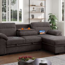 Kipling II - Chenille Fabric Sleeper Sectional Sofa With Right Facing Chaise, Cupholders, USB Charging Port - Brown