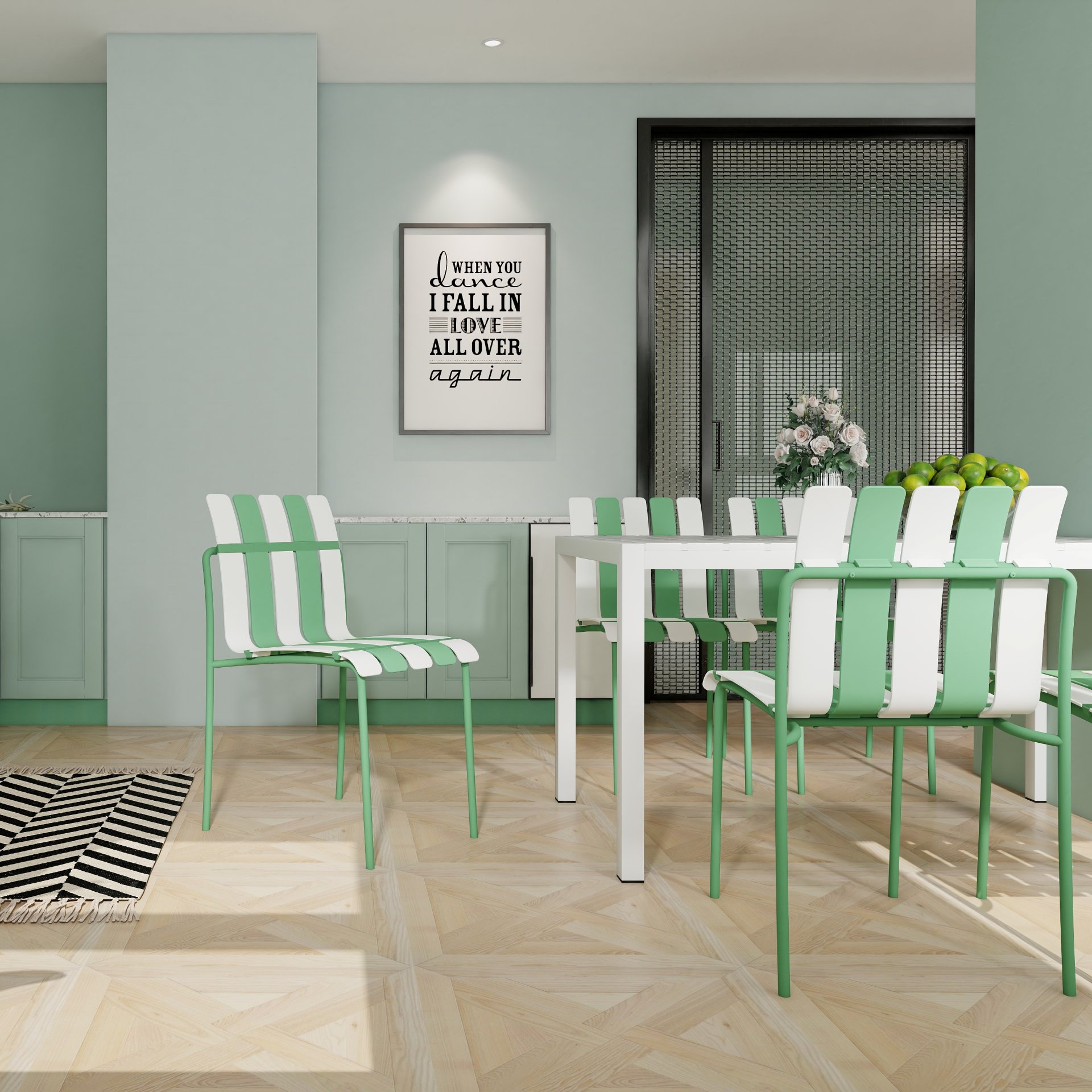 4 Piece Set Of Single Chairs With Modern Color Blocking Design, UV Resistant And Rust Proof - Haze Green / White - Image 2