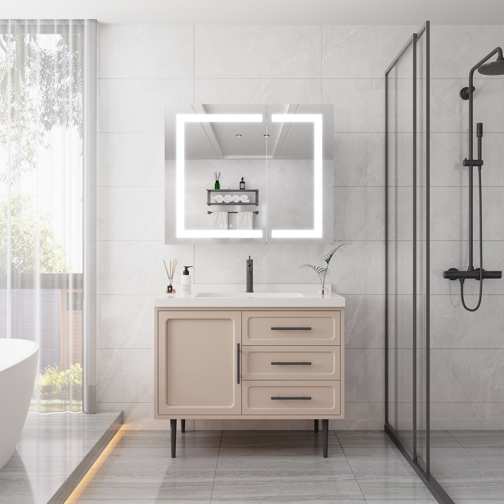 36" X 30" Medicine Cabinet With LED Vanity Mirror, Anti-Fog Recessed Or Surface Mount Bathroom Double Door Large Storage 3000K~6000K Bright Lighted Aluminum Storage Cabinet With Touch Switch - Silver - Image 2