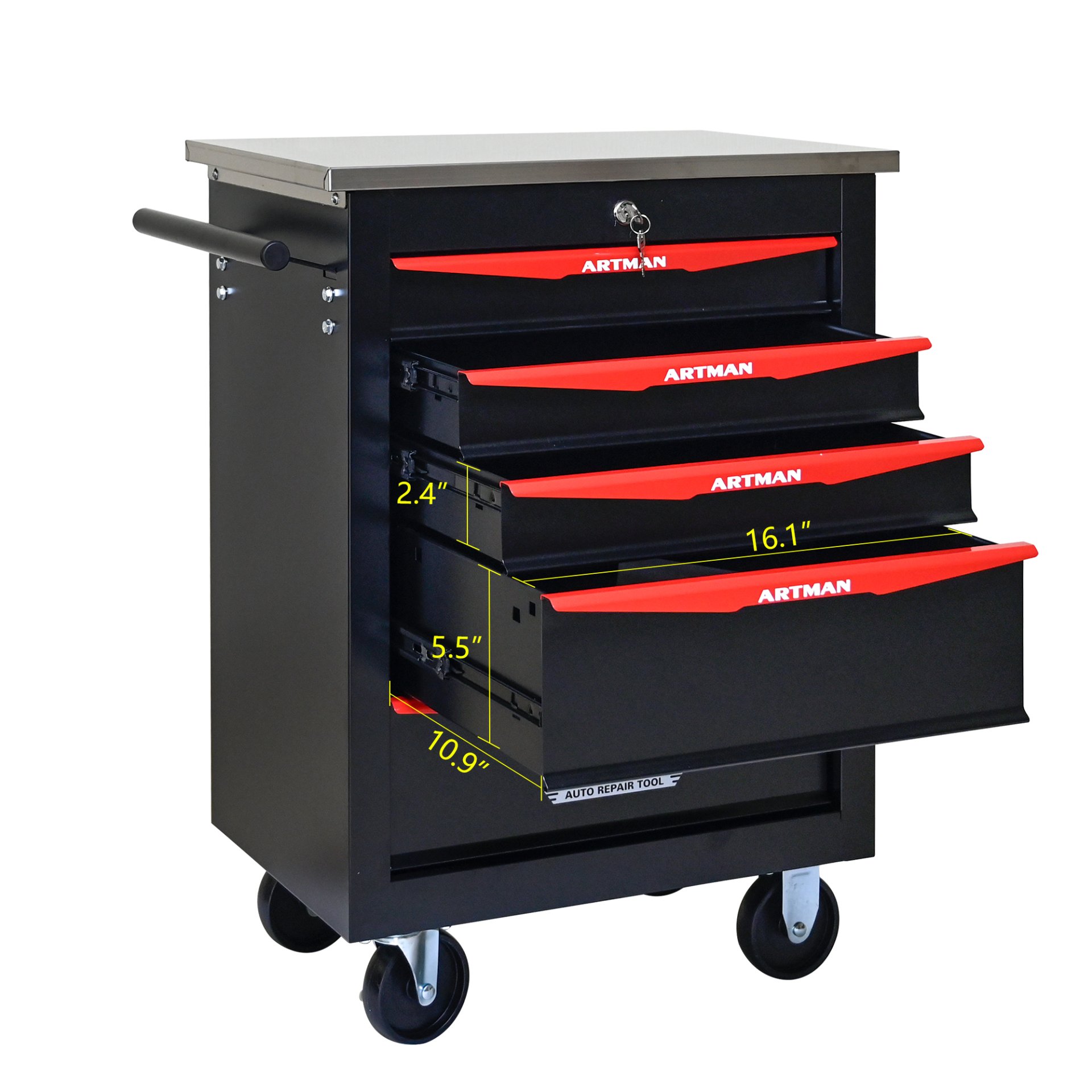 5 Drawer Multifunctional Tool Cart With Wheels, Metal Rolling Tool Cart Storage For Garage Workshop Warehouse Repair Shop With Stainless Steel Roof - Black / Red - Image 4
