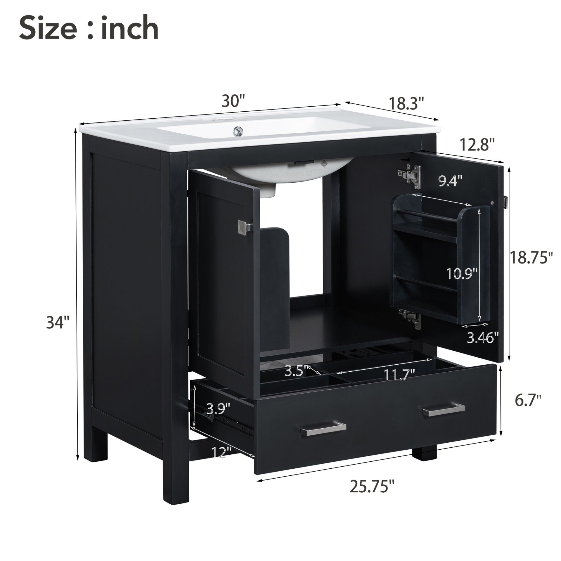 Bathroom Vanity With Single Sink, Combo Cabinet Undermount Sink, Bathroom Storage Cabinet With 2 Doors And A Drawer, Soft Closing, Multifunctional Storage, Solid Wood Frame - Black - Image 3