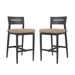 Outdoor Bar Stools With Backrest And Footrest, Weather Resistant (Set of 2) - Ember Black / Linen Sesame