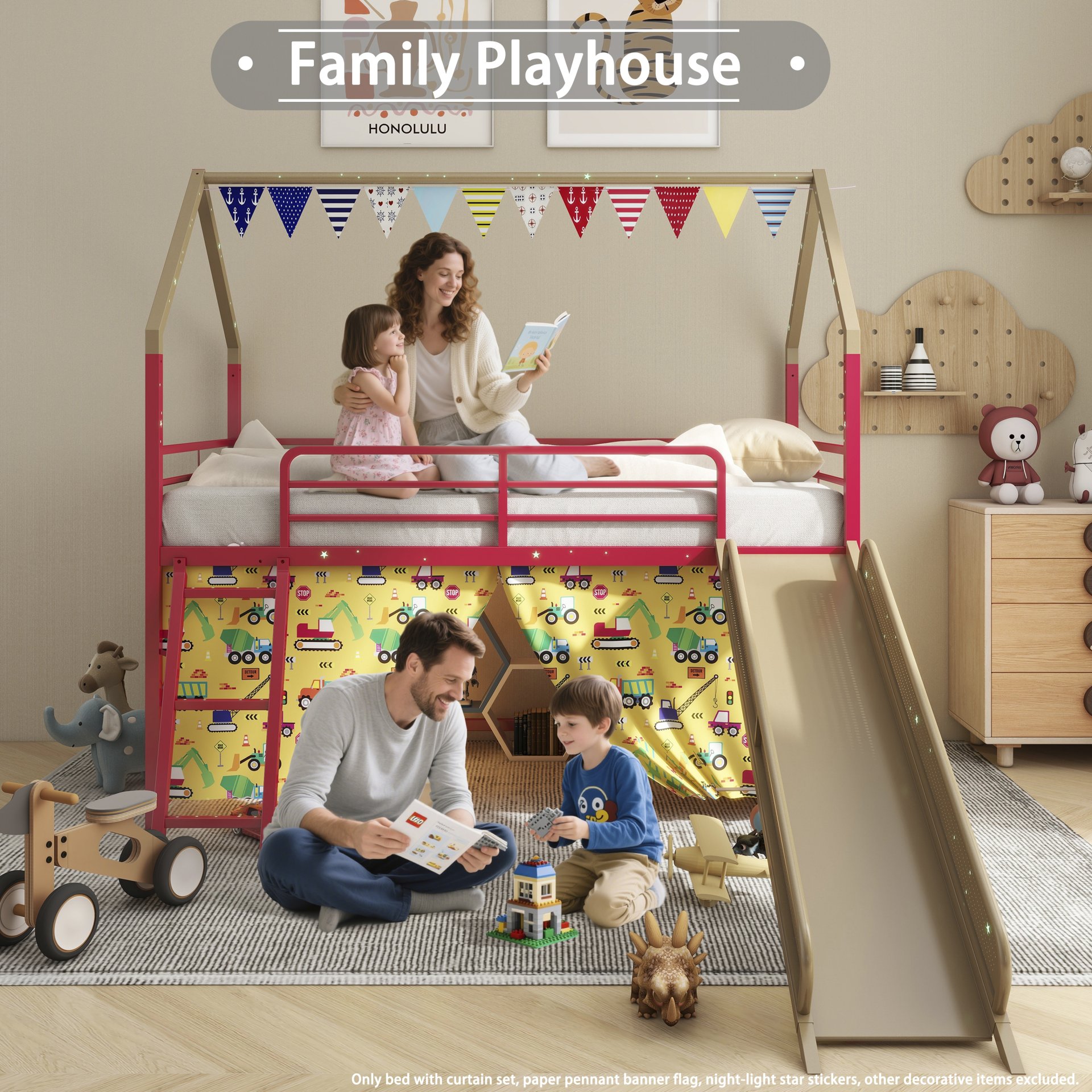 Jack - House Twin Loft Bed With Slide And Curtain Set, Superhero - Gold - Image 12