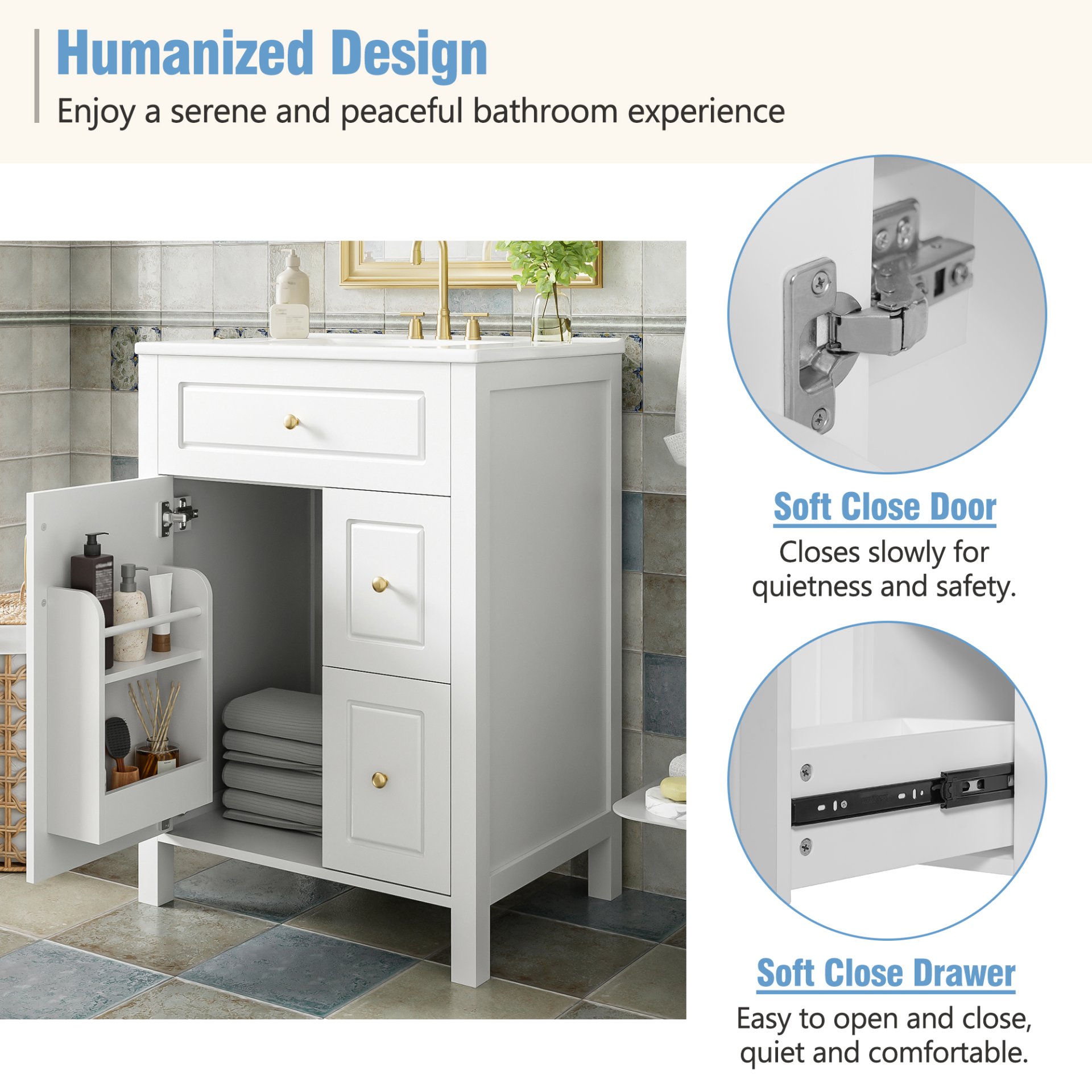Bathroom Vanity With Sink, Soft Close Doors And Drawers, Double Storage Racks - White - Image 10