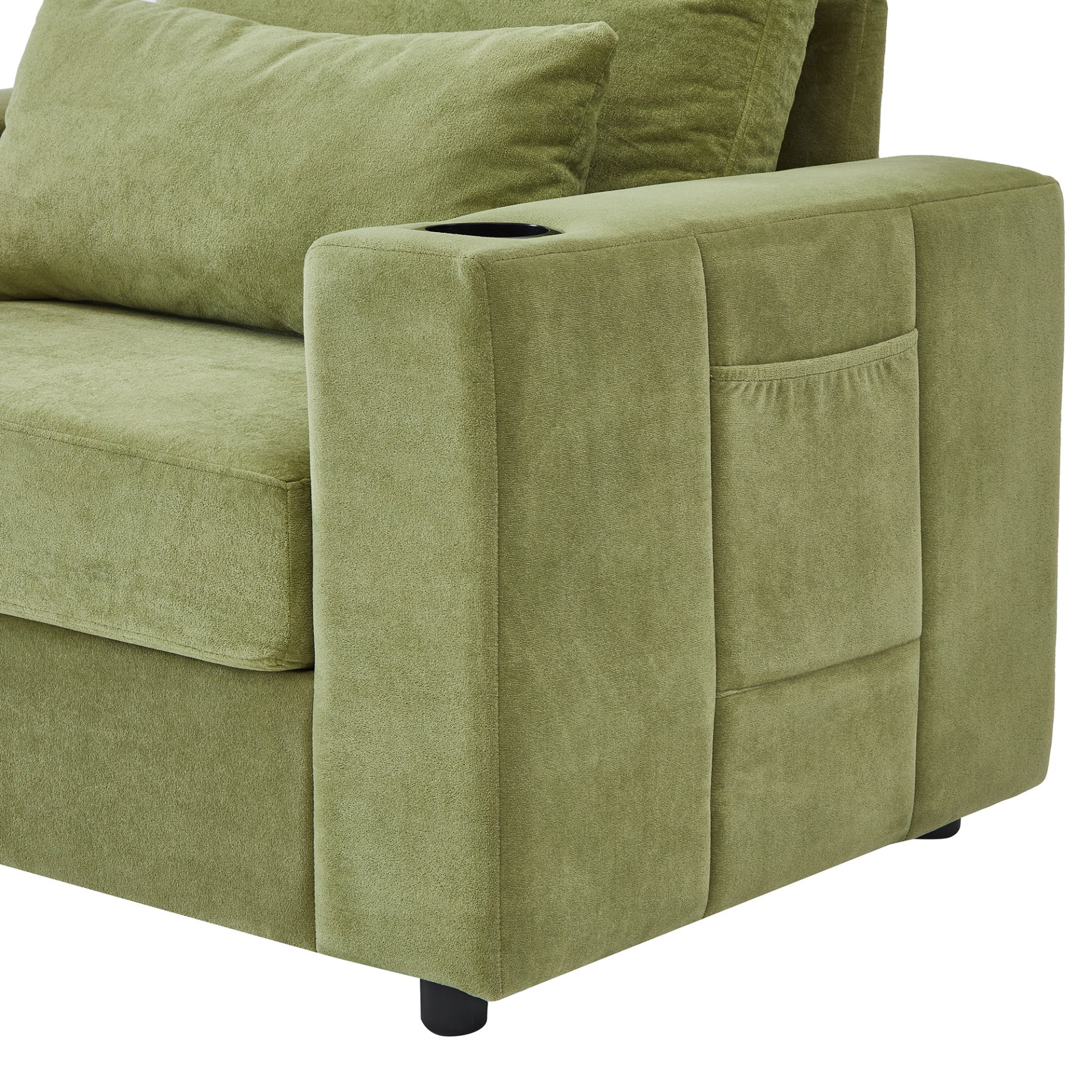 Modern Style Armchair Chaise Lounge Sofa Couch With Movable Storage Ottoman, USB Ports, Cup Holders, Phone Holder, Side Pockets - Green - Image 23