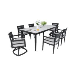 7 Pieces Modern Outdoor Patio Dining Set, Rectangular Dining Table, 4 Chairs & 2 Swivel Rockers, Sunbrella Cushions - Ember Black / White
