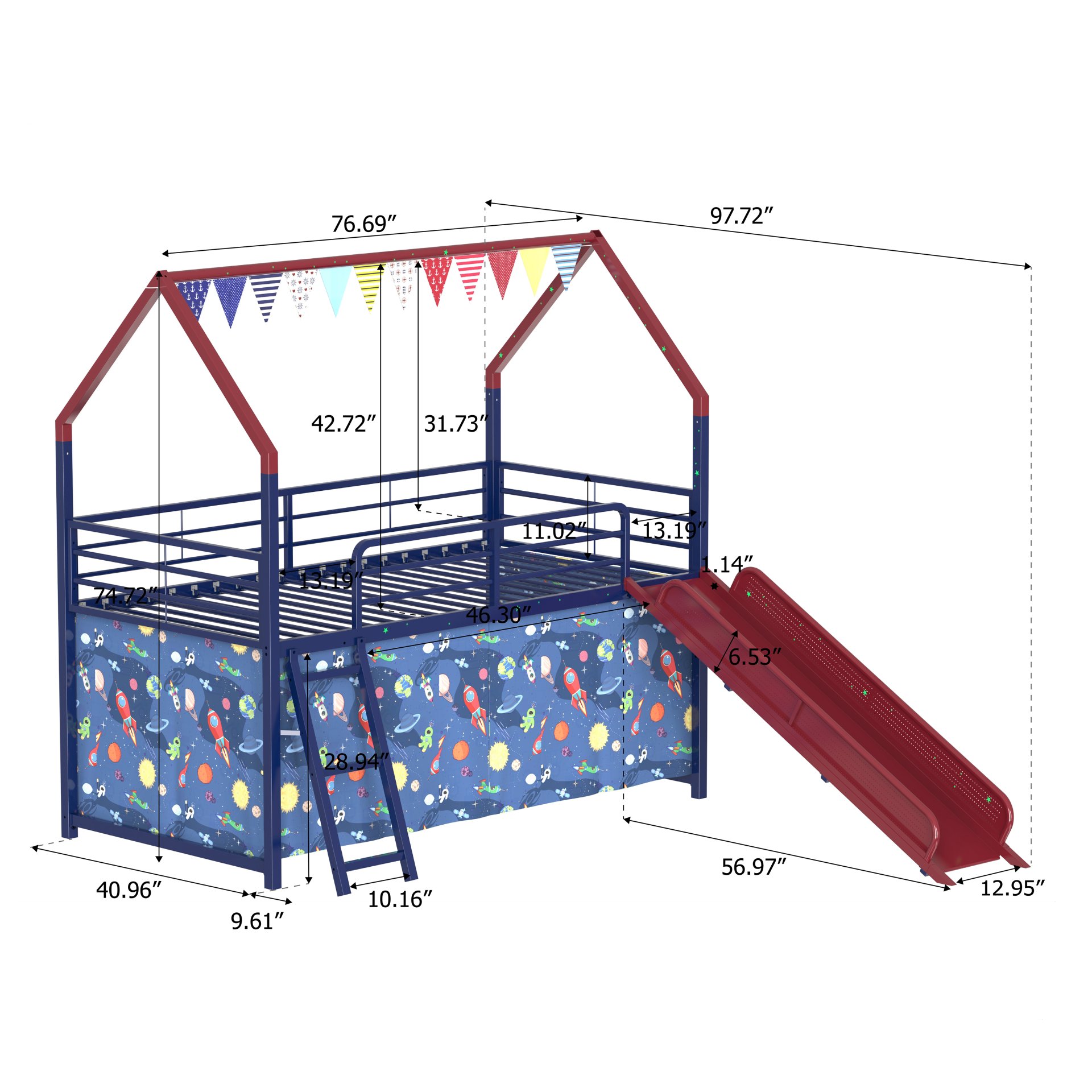 Jack - House Twin Loft Bed With Slide And Curtain Set, Superhero - Blue / Red - Image 7