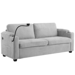 Corduroy Sleeper Sofa Loveseat Sofa With Full Size Mattress, 2 USB Ports, 2 Cup Holders, 2 Side Pockets And A Phone Holder For Living Room - Gray