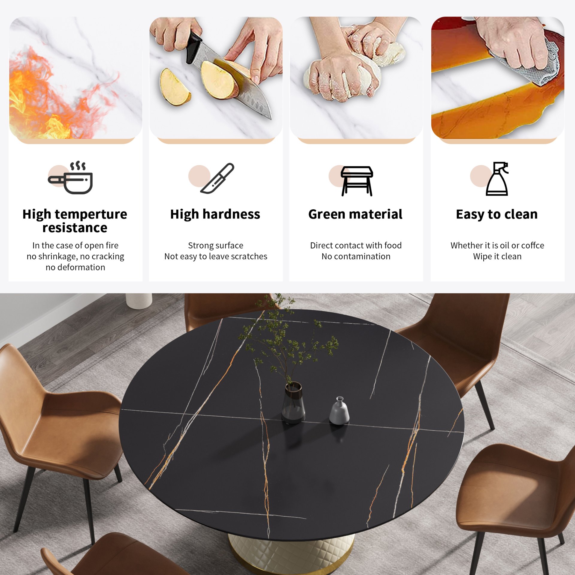 59.05" Modern Artificial Stone Round Carbon Steel Base Dining Table, Can Accommodate 6 People - Black / White - Image 7