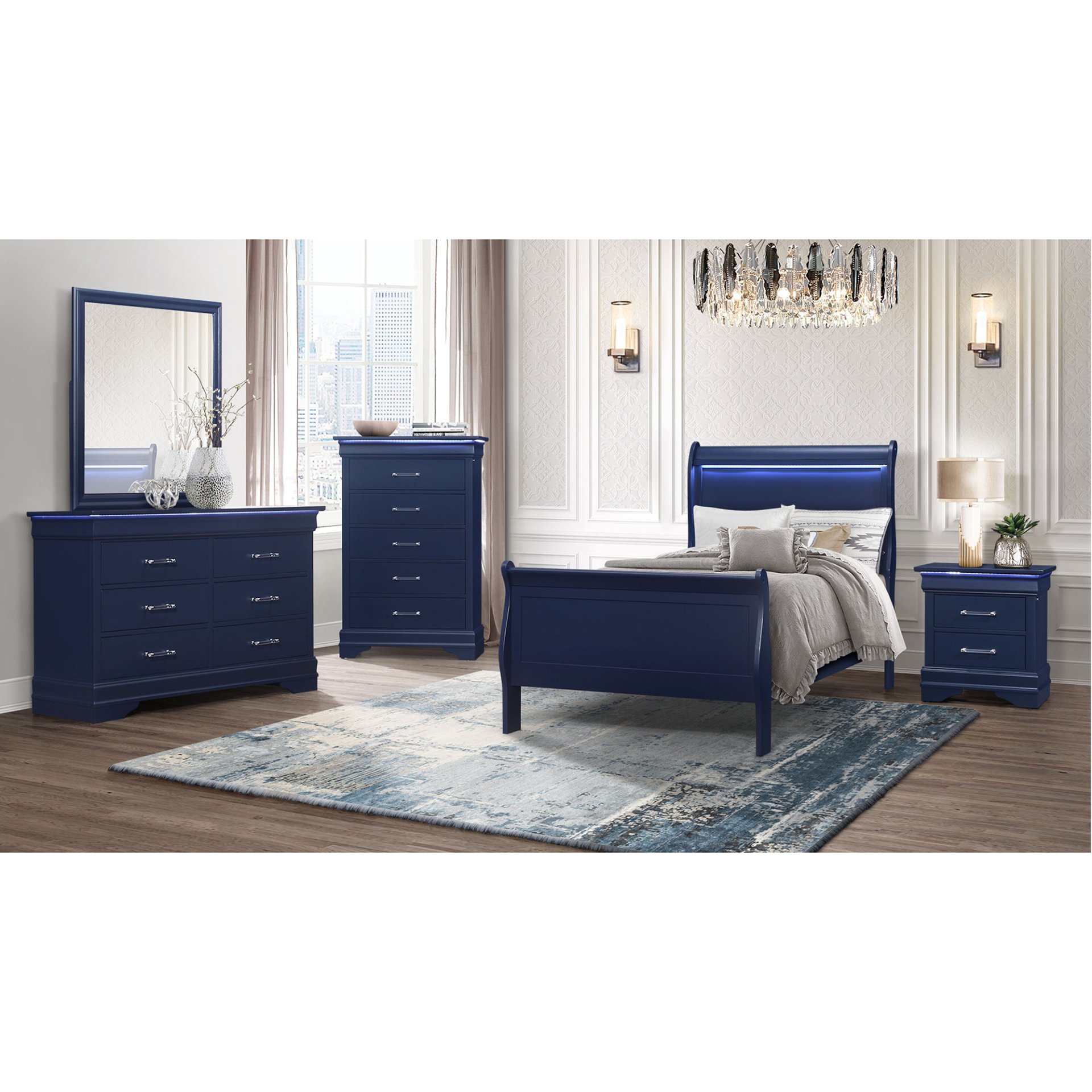 Charlston - Twin Bed With LED, Sleigh Bed - Blue - Image 5