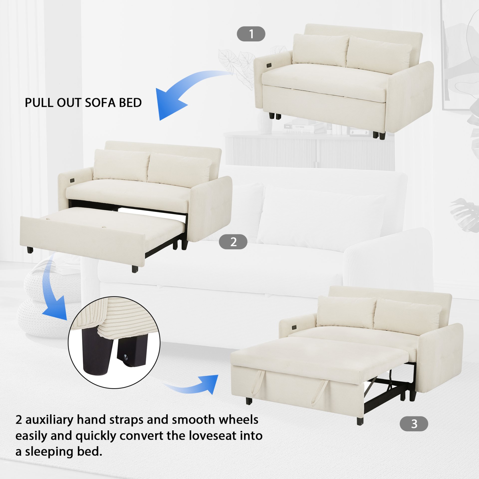 Pull Out Sofa Bed Convertible Couch 2 Seat Loveseat Sofa Modern Sleeper Sofa With 2 Throw Pillows And USB Ports For Living Room - Beige - Image 5