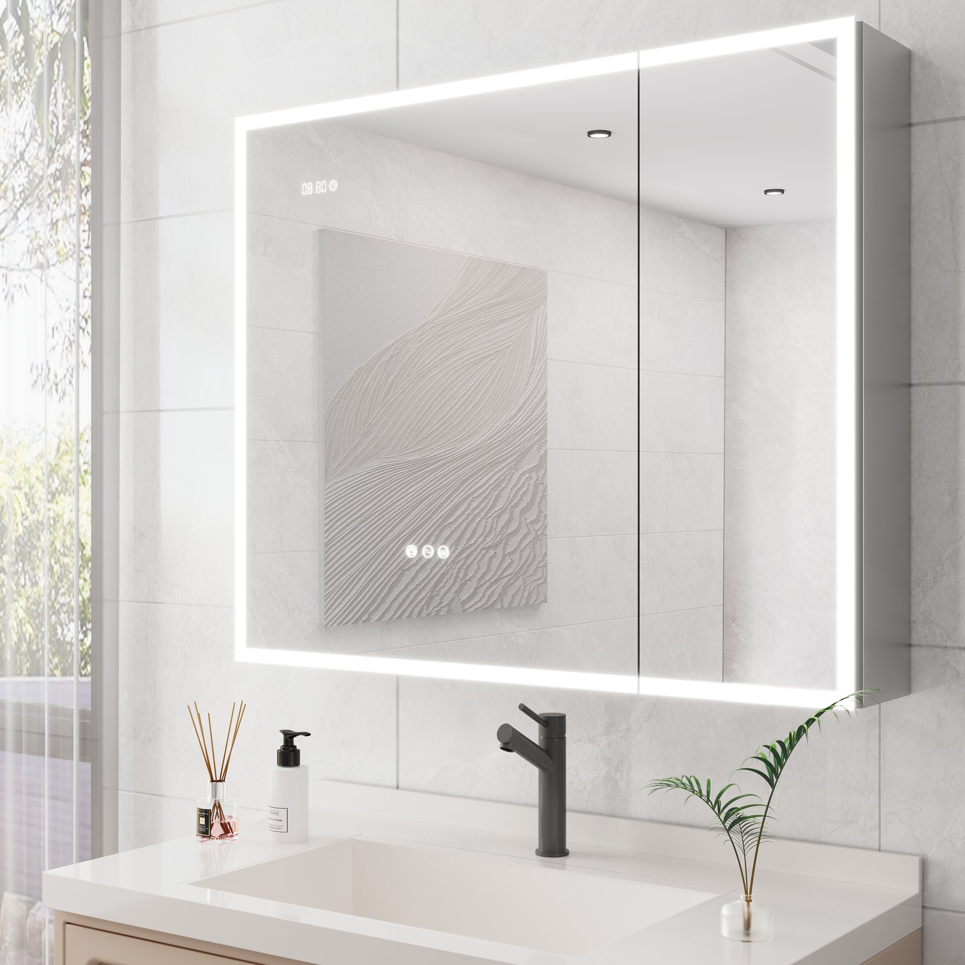 Bathroom Medicine Cabinet With Lights, LED Medicine Cabinet With Mirror, Double Door Lighted Medicine Cabinet With Defogger, Dimmer, Clock & Temp Display, 2 Outlets & USB Ports - Silver - Image 11