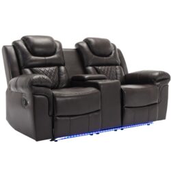 Home Theater Seating Manual Recliner Loveseat With Hide-Away Storage, Cup Holders And Led Light Strip For Living Room - Brown
