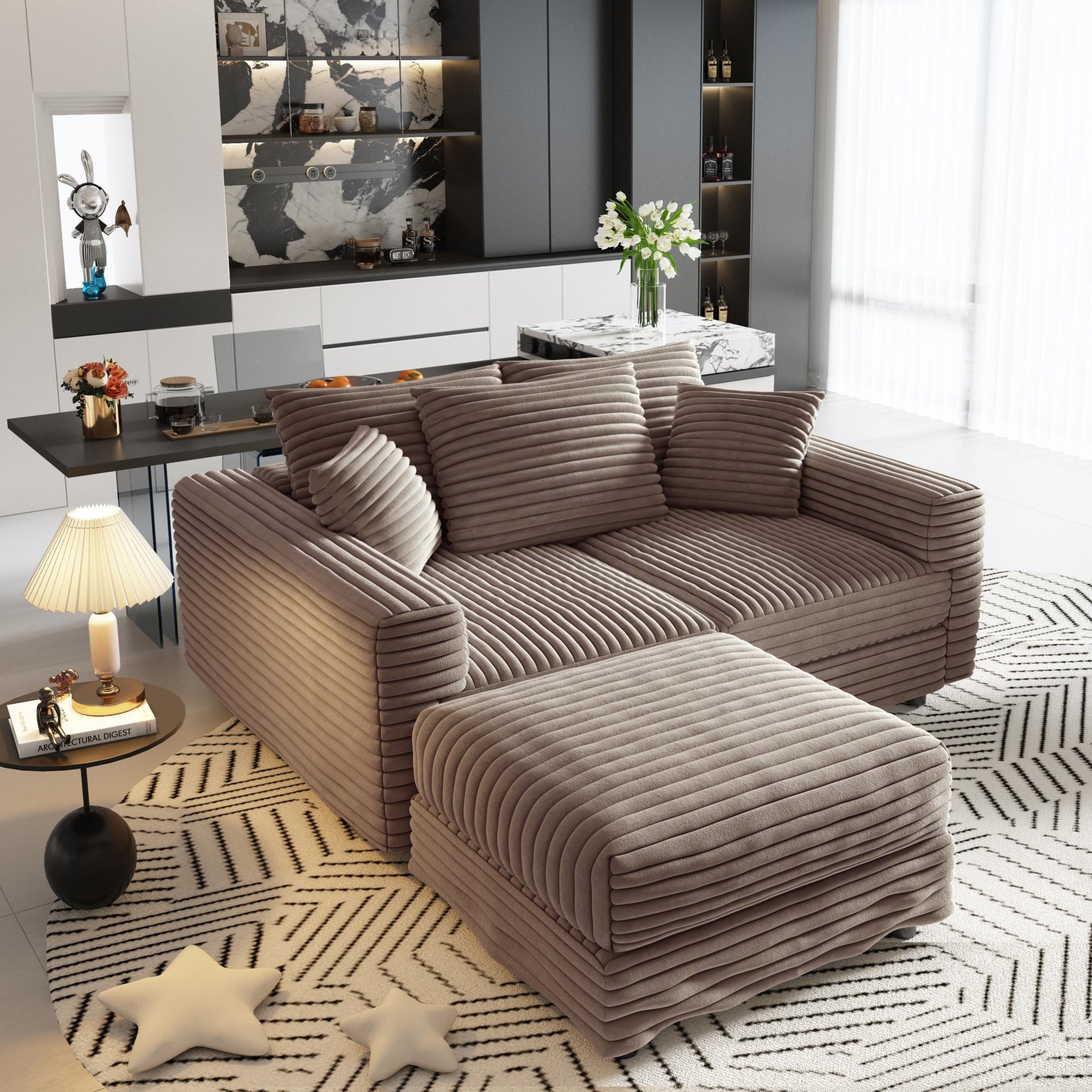 3 Seat Sofa, Deep Seat Couches With Soft Pillows And 1 Ottomans, Convertible Sofa Lounge Chair, For Living Room - Camel - Image 16