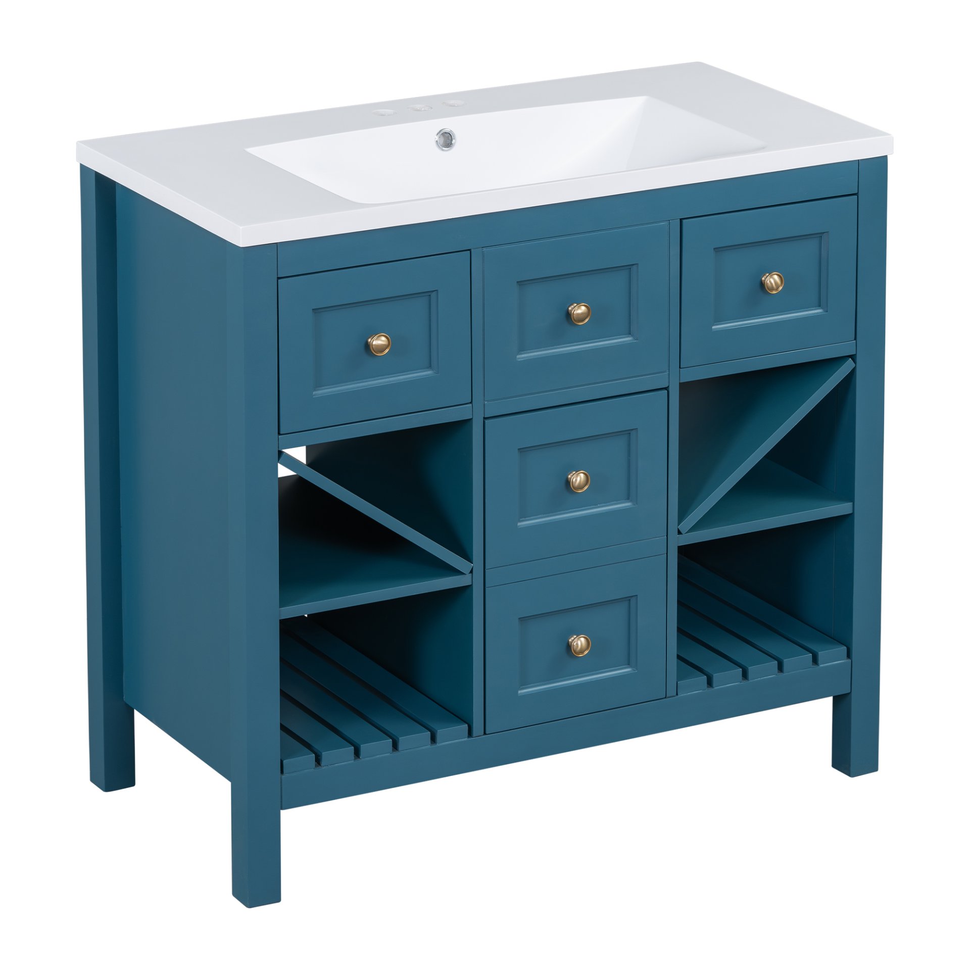 Bathroom Vanity With Resin Sink Combo, Frame Bathroom Storage Cabinet, Freestanding Vanity Set, 5 Drawers & Soft Closing Doors - Blue - Image 15