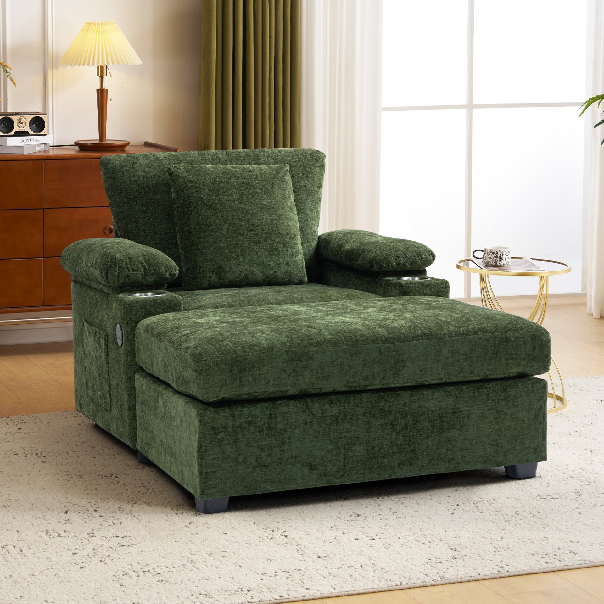 Modern Oversized Chair With Ottoman, Chenille Fabric Sofa Bed, Accent Chair Comfy Sofa With Cupholders And USB Charging Ports Chair For Living Room - Green - Image 2