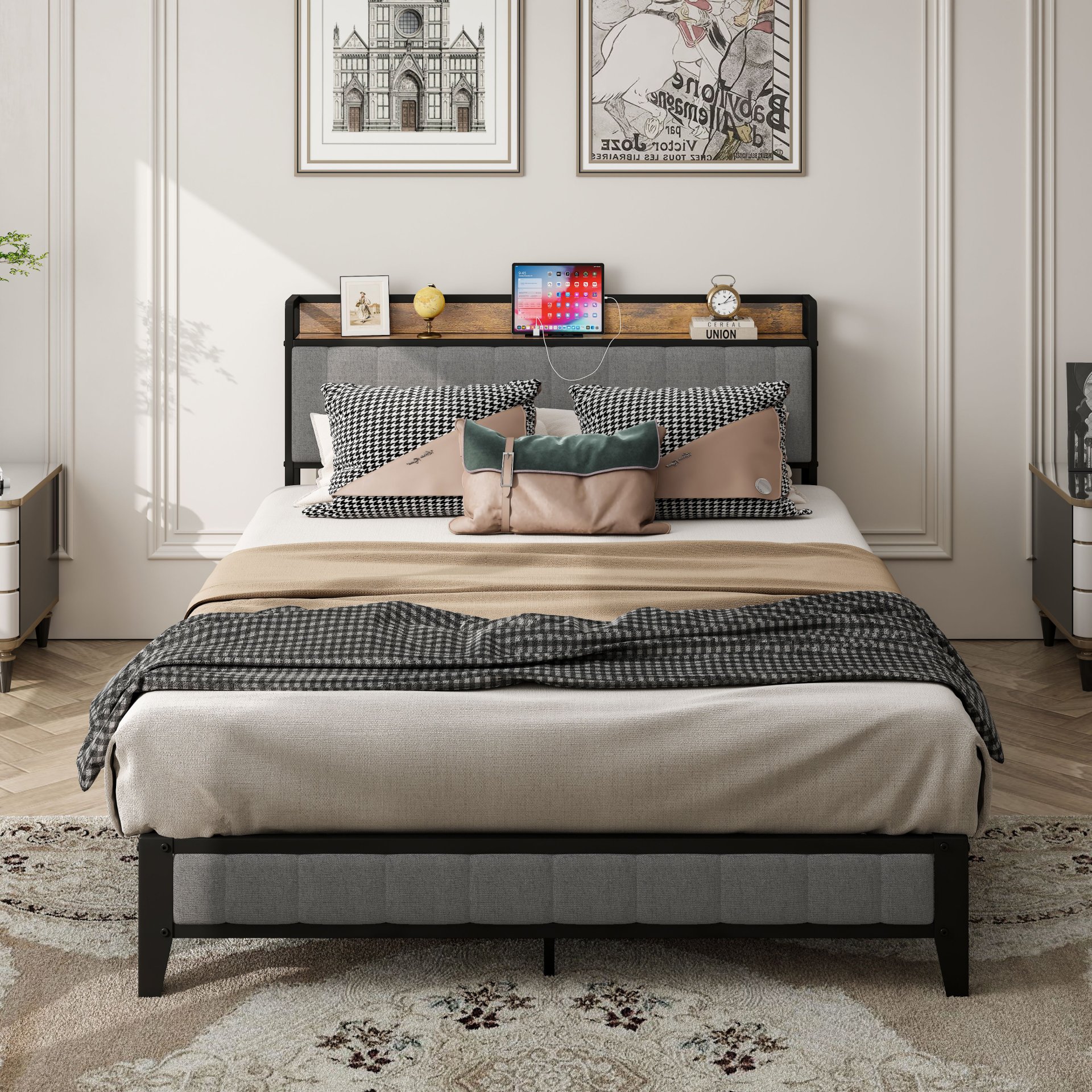Full Size Bed Frame With Charging Station, American Design Upholstered Headboard, Metal Platform - Light Gray - Image 2