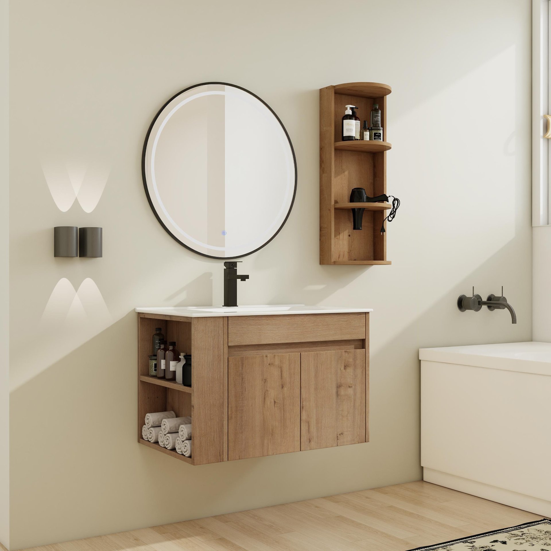Modern Wall Mounted Bathroom Vanity With Sink And Storage Rack Soft Close Doors Plywood - Imitative Oak - Image 2