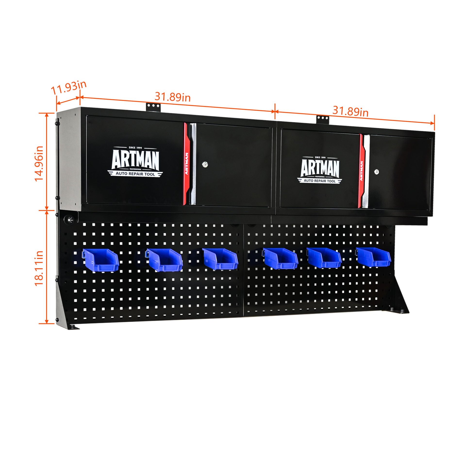 Wall Mounted Double Door Storage Cabinet With Tool Rack And Hooks, Stainless Steel - Black / Red - Image 3